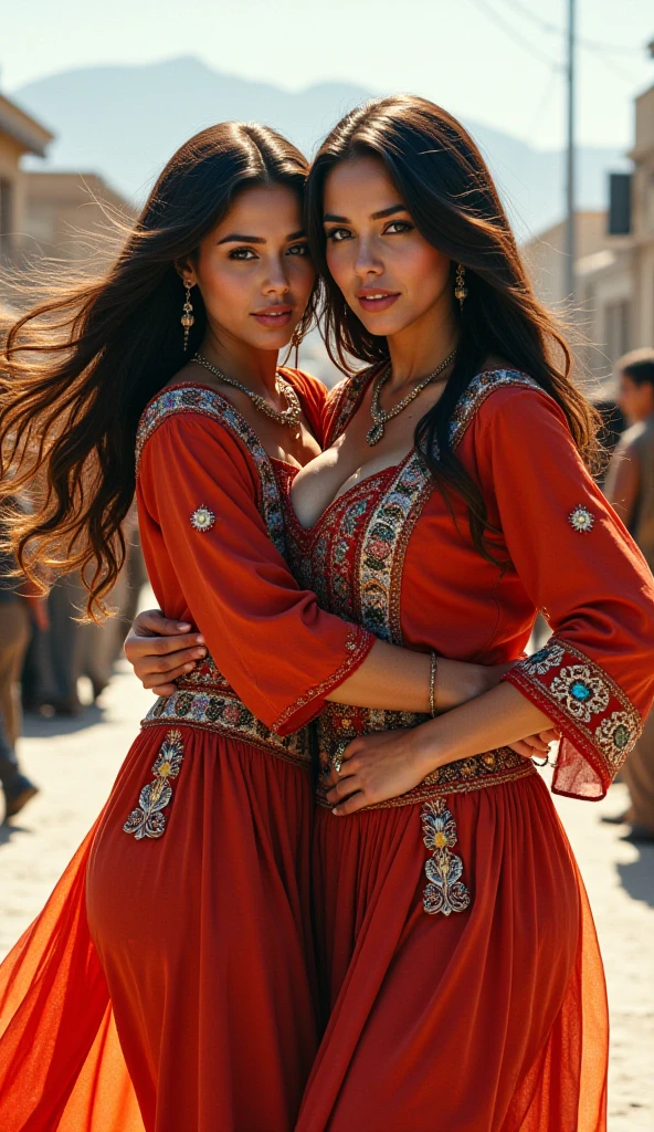 "A highly detailed, ultra-realistic digital painting of two stunning Afghan women with long, flowing hair, deep eyes, and radiant sun-kissed skin. They are wearing traditional yet sexy Pashto-style dresses adorned with intricate embroidery, mirrors, and vibrant colors that shimmer in the light. The scene is set on a public road with a festive and energetic vibe. The women are performing a hot, captivating Pashto dance, their movements full of grace and allure. Onlookers watch in admiration. The background includes hints of village architecture and distant mountains, while the warm sunlight and a light breeze add motion and drama to the scene, making the moment feel alive and intense."