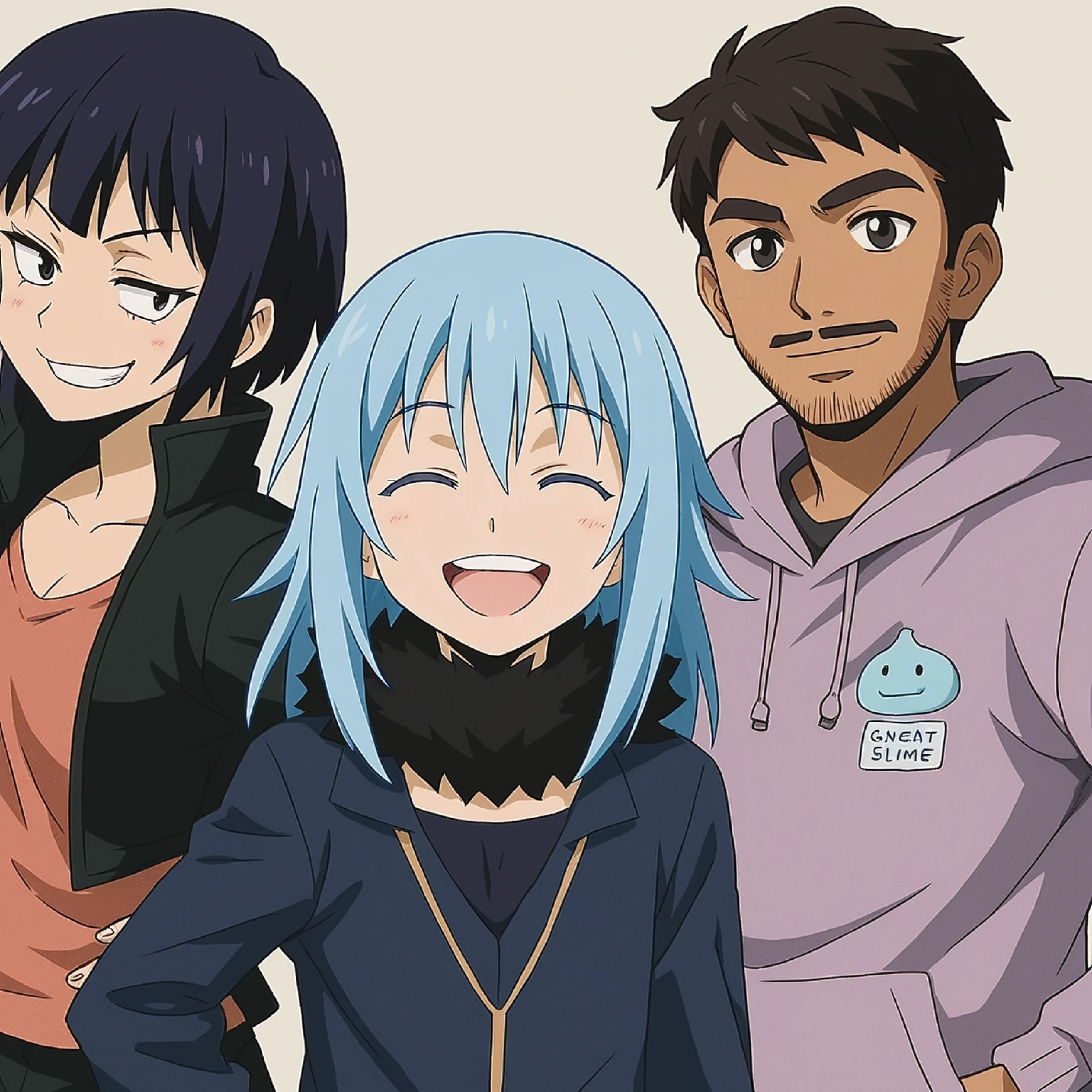 anime characters with blue hair and black eyes posing for a picture, tensei shitara slime datta ken, reincarnated as a slime, rimuru tempest, my hero academia, kyoka jiro, sankakucomplex anime image, a-1 pictures, rimuru, tsuaii, official anime still, 2 d anime style, sasoura, happy!!!