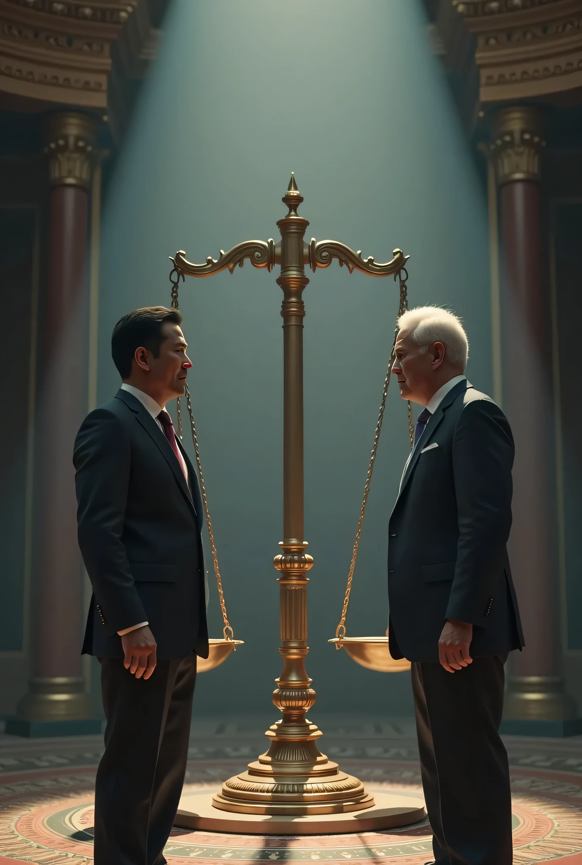 A hyper-realistic scene showing two world leaders—visibly representing different countries, ONE ASIA one is white—engaged in a tense economic negotiation over a massive balancing scale.The lighting is dramatic, with sharp contrast and soft haze, symbolizing the delicate balance of global trade and tariffs.