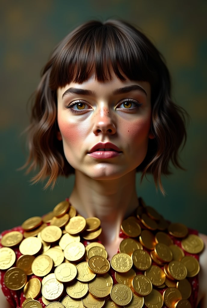 arafed image of a man and a woman with a hamburger on their chest, fake, blunt bangs fall on her forehead, (digital art), paul walker, her face in discs, very poor, leonardo dicaprio meme, 😭🤮 💔, malika favre, coins, with many gold coins, poor, by Hamish MacDonald
