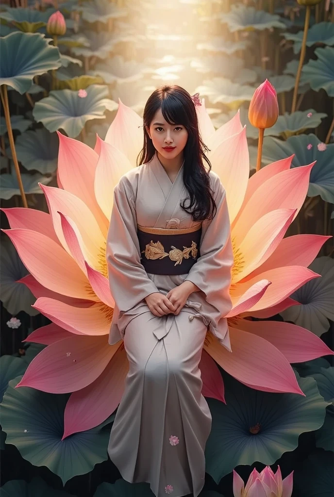 A woman is sitting on a lotus flower、anatomically accurate and perfect、dark eyes、long black hair、A huge glowing lotus flower、A soft glow with serenity and warmth、Light-wandering particles、Relaxed Atmosphere、Silence、beautiful fantasy artwork、illustration style、 oil and watercolor、Best Quality、high image quality、masterpiece:1.2、4k、isometric drawing、