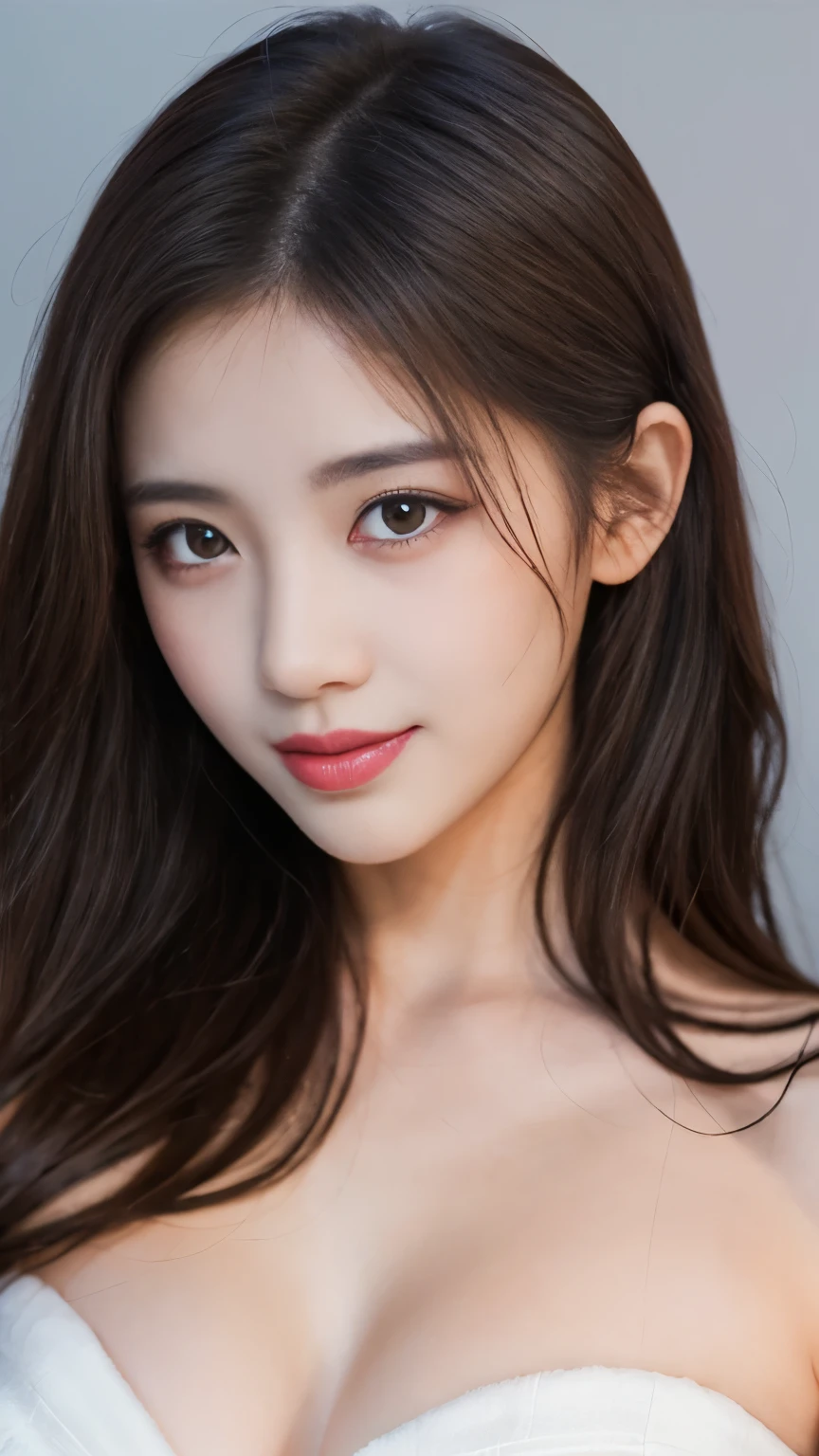 masterpiece, best picture quality, high quality, beautiful girl, Japanese, Japanese school girl, detailed, detailed eyes, detailed skin, beautiful skin, ultra high resolution, (reality: 1.4), very beautiful, slightly younger face, beautiful skin, slender, (ultra realistic), (illustration), (high resolution), (8K), (highly detailed), (best illustration), (beautifully detailed eyes), (super detailed), (wallpaper), (detailed face), looking at viewer, fine details, detailed face, smiling, looking straight ahead, angle from waist up, realistic photo, bright lighting, professional lighting, long hair, mature woman, long stylish bangs, bedroom,sexy nude,