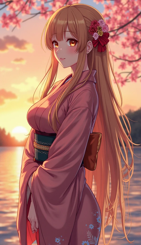 Asuna, obra-prima, Best Quality, detalhes, (a girl with big 、fantasy、), Sozinho, golden eyes details, long hair, standing, next to the spectator , ( Kimono details), Slight Smile, very large , (with her arms crossed behind her back), water, sunset, (hair accessories), (Sakura no Hana ),