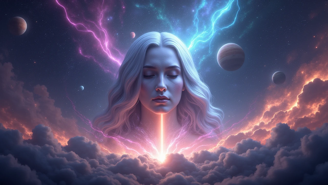 A surreal cosmic face surrounded by planets and galaxies, with streams of light representing God's overwhelming love, dreamlike and celestial, colorful and radiant.