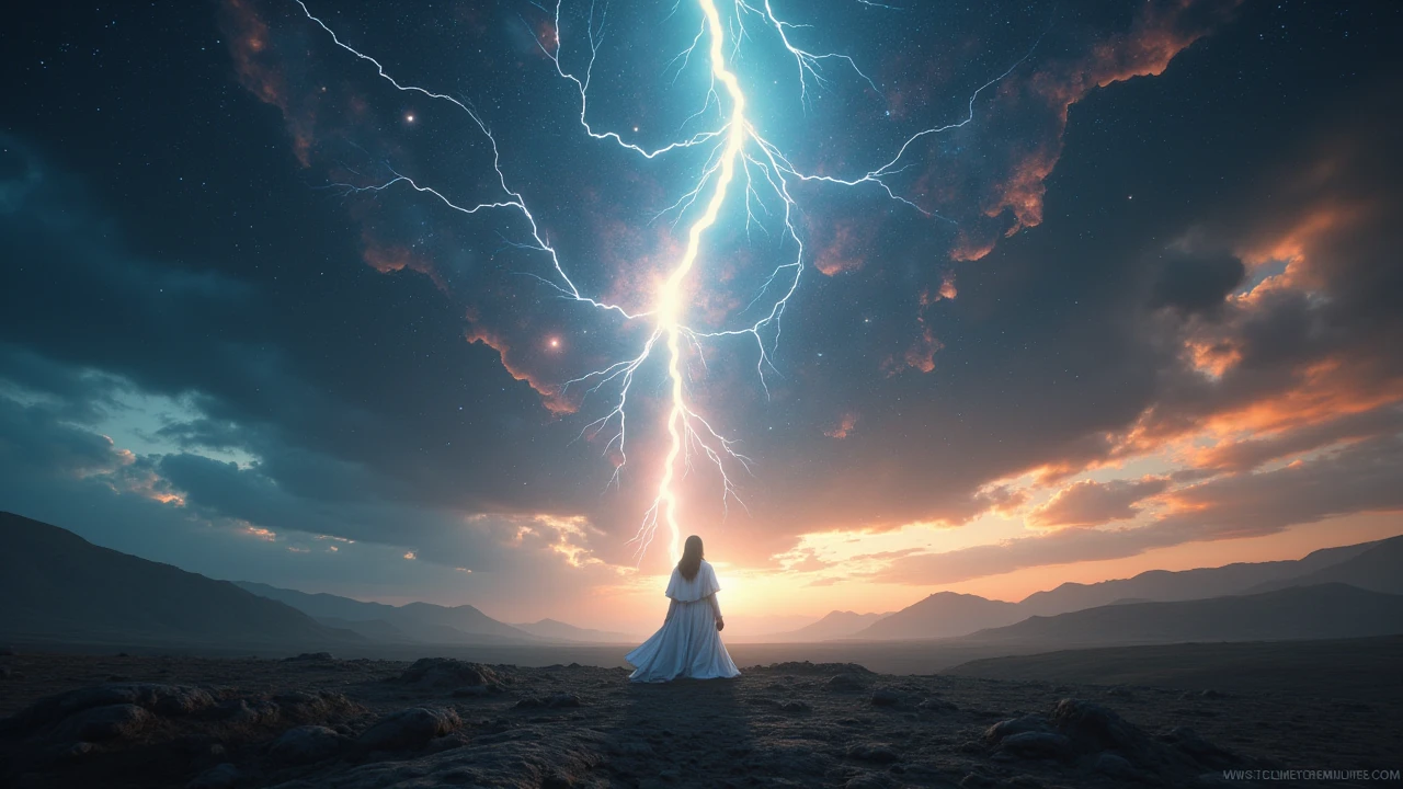 A lone figure standing in a cosmic landscape beneath a lightning-struck sky, with planets above and radiant colors blending across the scene, symbolizing grounded faith through gratitude, dramatic and colorful.