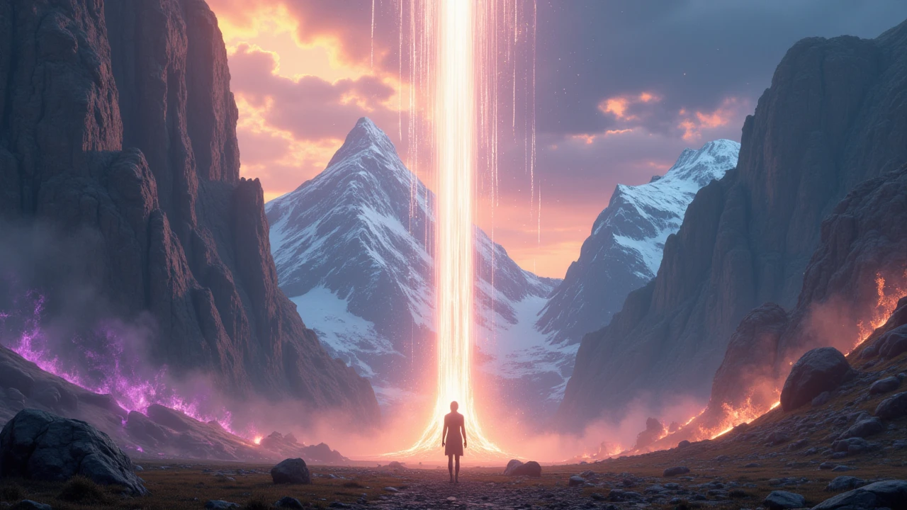 A lone figure standing before a vibrant cosmic mountain landscape with a stream of energy descending from the heavens, symbolizing reaching the next spiritual level, surreal and highly detailed.
