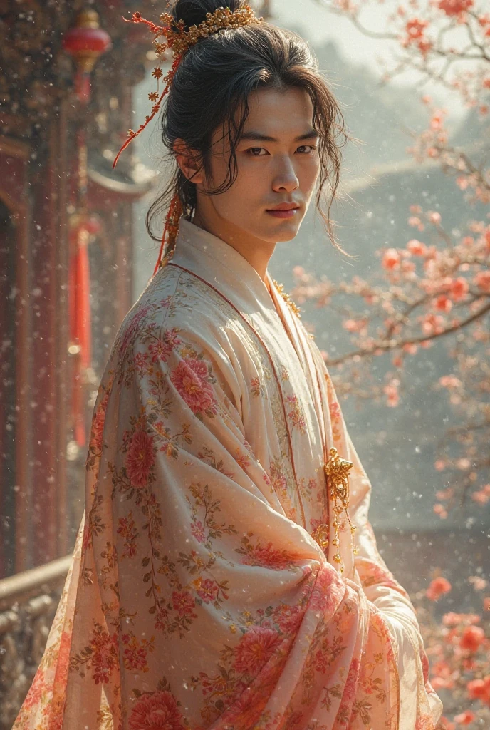 Handsome young man wearing a vintage Chinese dress