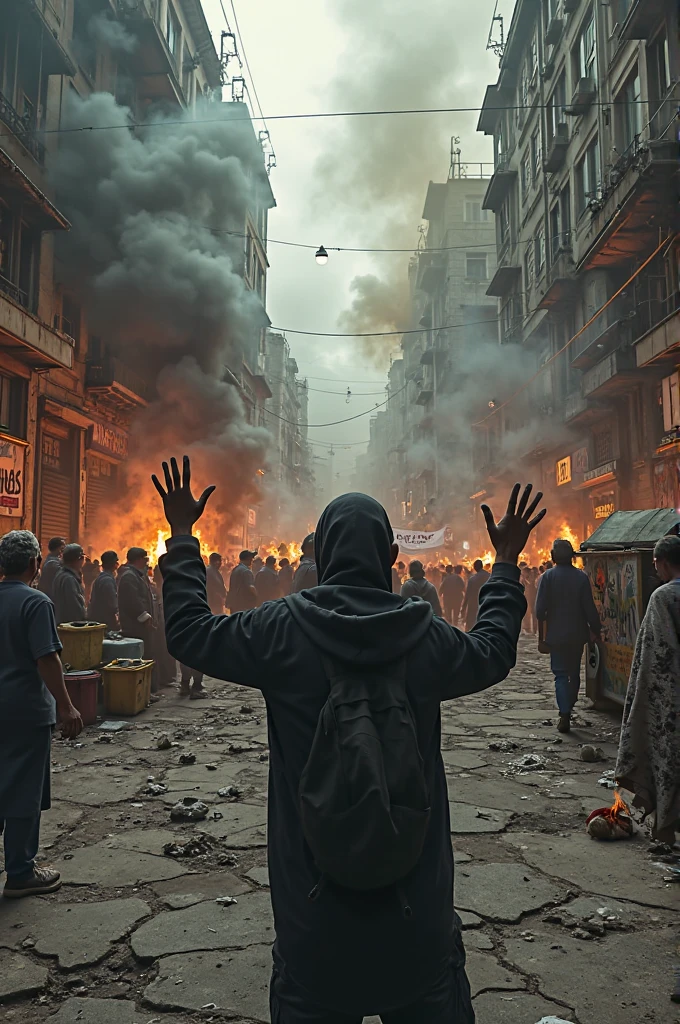 Point of view shot from a person standing in the middle of a cracked, garbage-strewn urban street during an economic crisis.
Both hands are slightly raised, dirty and trembling, fingers partially clenched as if trying to shield from the thick smoke drifting across the road. Around, hundreds of people swarm the broken pavement—beggars wrapped in torn blankets sit slumped against graffiti-covered walls, while protestors holding tattered banners march past, their voices hoarse and echoing between crumbling buildings. Scattered fires burn in trash cans, casting flickering shadows on shuttered storefronts.