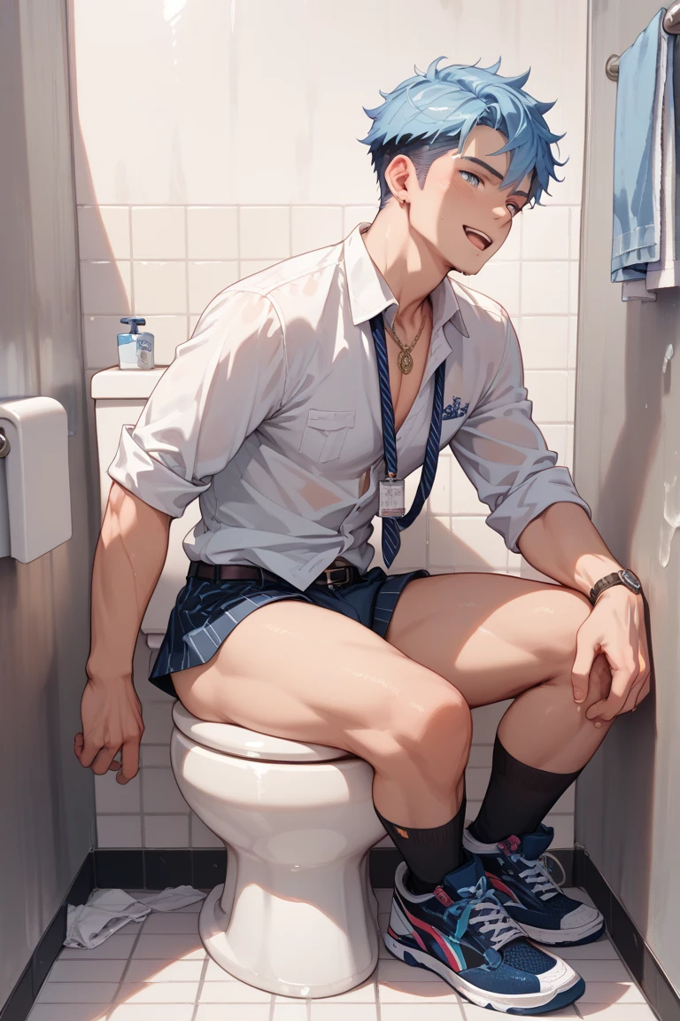 masterpiece, best quality, saiki kusuo, solo, 1boy, pink eyes, glasses, (antennas:1.2), summer uniform, white shirt, handsome, erotic mature male, indoors, house, sitting, full body, bathroom, toilet, leaning forward, crossed arms, bare ass sitting on the toilet, leaning forward, fart, farting, poop, pooping, defecating, farting on the toilet, annoyed at viewer staring at his butt sitting on the toilet, nsfw, viewer spying from behind shower curtain, masterpiece, high quality, highly detailed, green pants pull, belt pull, pants pulled around knees, (toilet use:1.6), (sitting:1.2), (pants pull:1.65), (bottomless:1.2), 1boy, (male body 1.7), from side, sexy sideview, emphasis on the side of his butt sitting on the toilet, indoors, toilet paper, <lora:toilet_final:1.7><lora:Saiki Kusuo (Saiki Kusuo no Psi-nan):1>