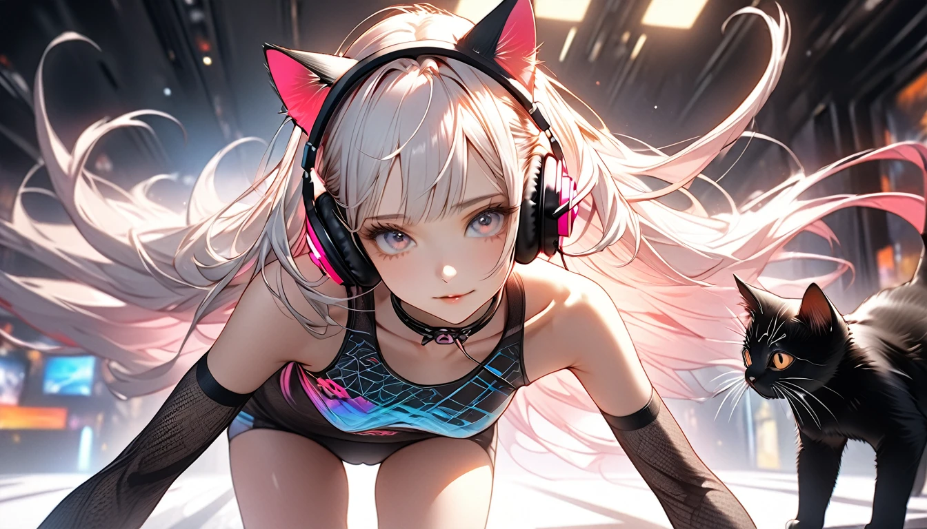Imaginative、intricate illustration in cyberpunk hyperrealistic art style, girl with long hair,Slender, Skinny, Lean,delicate body、
Wearing cat ear headphones (Black cat ears) Ether Machine Girl who came out of a large transparent culture tank, She is wearing beautiful clothes, , fluffy white hair growing from behind cat ears. Brush Blur Effect,( High Quality, high accuracy, 4K, 8k:1.5), Super Detail.Transcendental Technique Paintings,ultra-fine painting,Movie Lighting, sharp concentration,  bright colors, Pro shooting resolution, Award-winning 8k、super detail、最High Quality、Ultra High Resolution、

pretty beautiful girl with long hair、Girl's style（Body type）8 heads　is slender and has delicate, slender proportions like a model、Eyes are slender eyes（strong, beautiful eyes）。
可愛いgirl with long hair,Slender, Skinny, Lean,delicate body、
Wearing cat ear headphones♪
髪の毛は長く幻想的な色合い、draw with warm light reflection in mind、Flying in the air。
wear high-class top and bottom set clothes with stylish patterns。　

I'm listening to music with my kitten at JAZZBAR where American motorcycles are displayed。
kittens are on the side、seems happy。
draw with warm light reflection in mind、


 motorbike 　low＆long custom American、long front、with thick rear tires、beautiful patterns drawn、