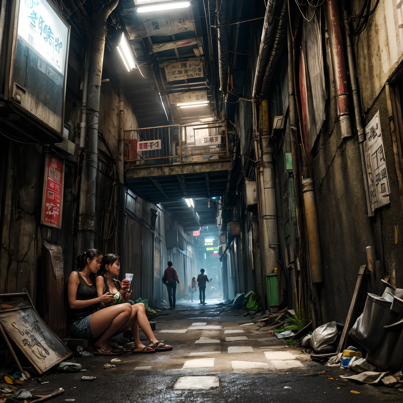 (( masterpiece 、 top quality 、 Official Art 、 Unity 8  ｋ wallpaper))、 (((workers on the way home from work、Poor girl 、Detailed Faces、smile)))、( Unsanitary Poverty Alley、  poor environment、Dim Shopping Mall、dirty立ち飲み居酒屋:1.3、People Eating and Drinking、On-the-road sales、 rusty vending machine、 Showa Retro:1.2)、(dirty、Bulky trash、Stairs to the basement、Mysterious Underpass )