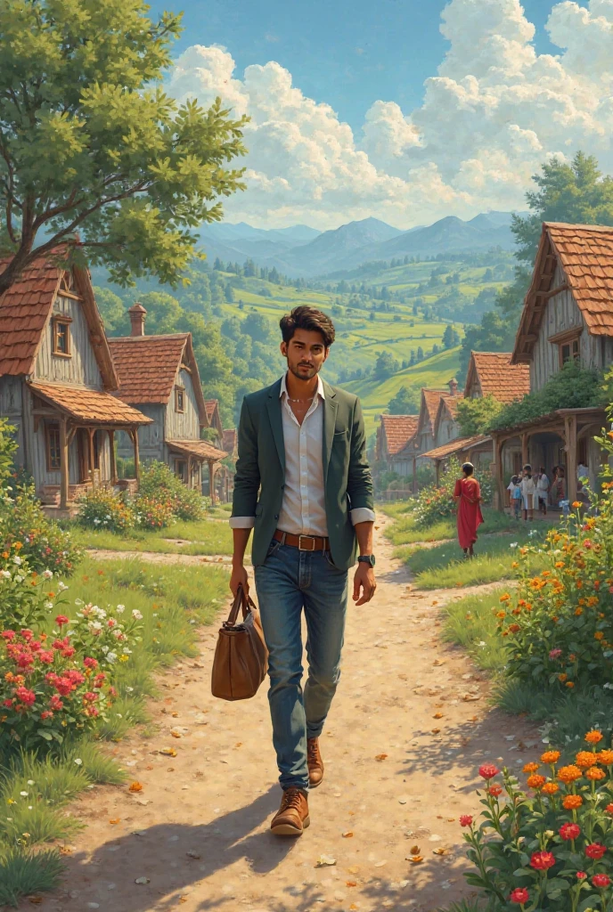 The Return to His Village

Visual: Ravi arrives in his old village, where life is simple and peaceful. He looks around, remembering his hood( Ravi is young n very rich n create more realistic)