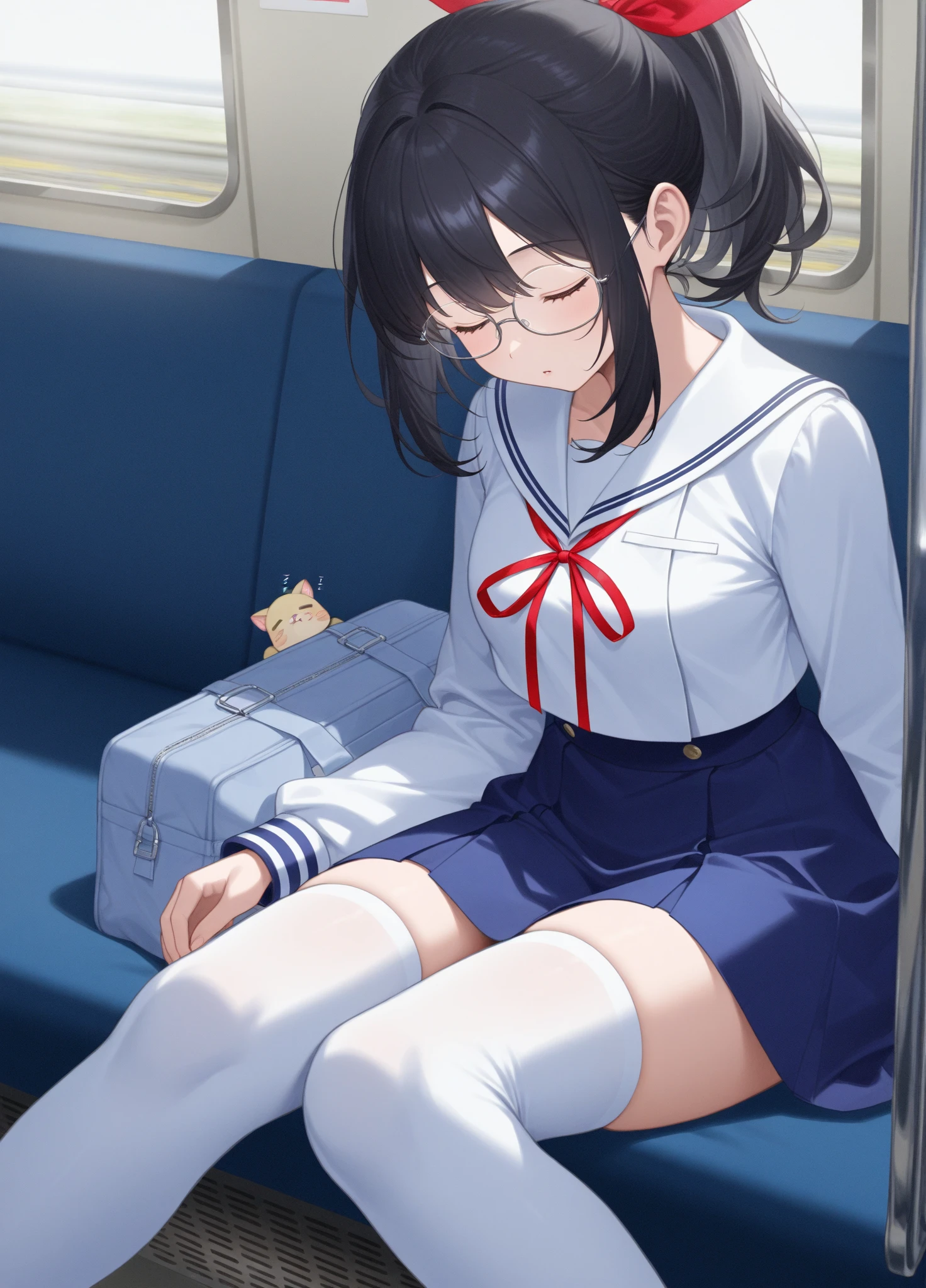BREAK Perfect Anatomy、(High resolution:1.2)、Incredible illustrations、(Cute illustrations:1.2)、
（Beautiful background（on the train))
 1little girl((multicolored hair,((bangs over eyes)))
1girl((a girl, 1.5meters, 35kg,18 years old female, ((serafuku,border shorts
,thigh-high socks, sneakers),tilting head(fall asleep on the seat,panties)
