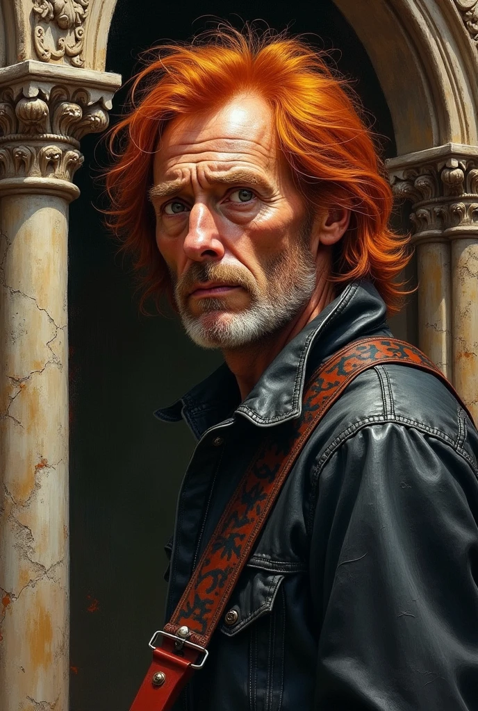 Create a picture of an old red-haired musician rock painting style, Romanesque, neoclassical