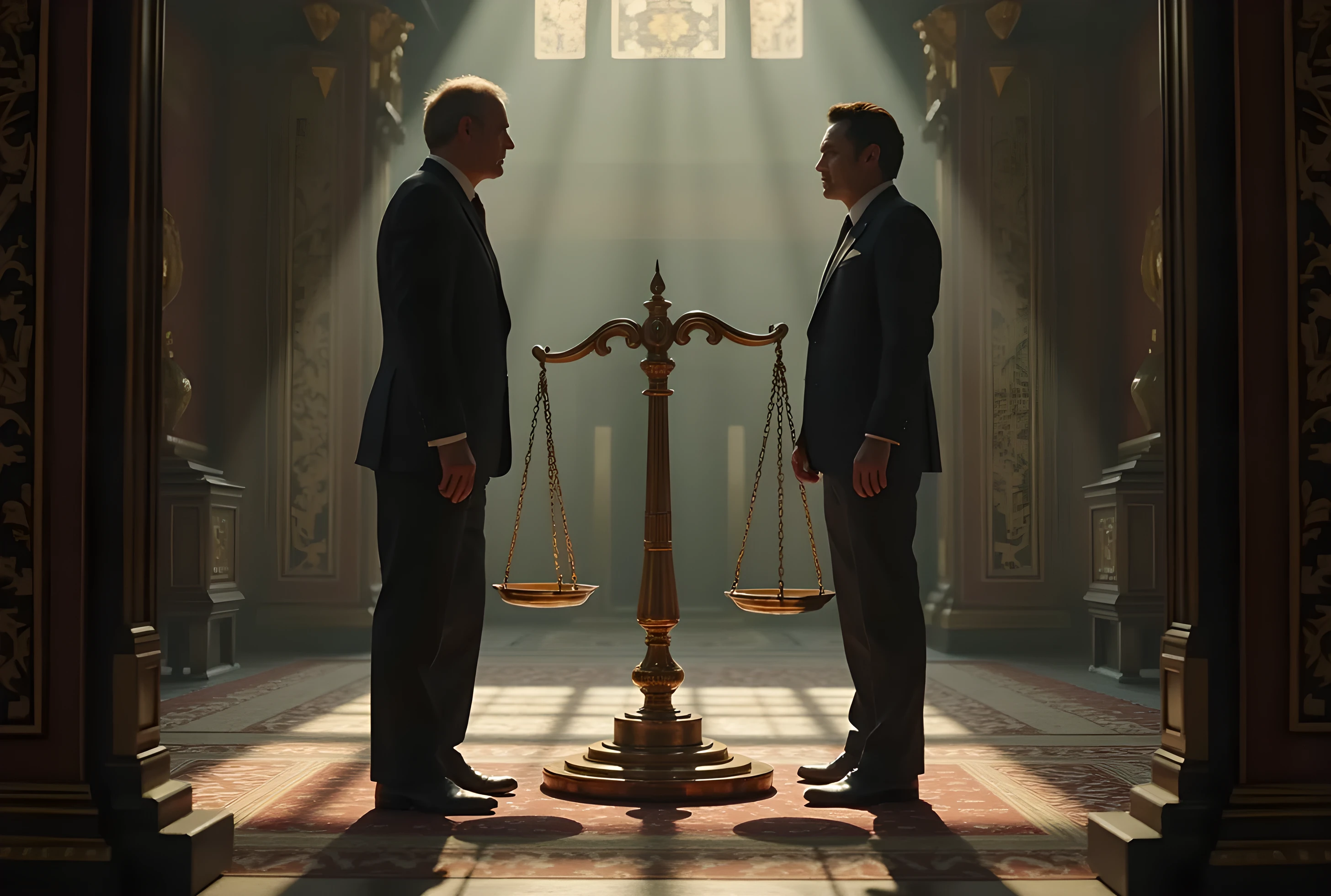 A hyper-realistic scene showing two world leaders—visibly representing different countries, ONE ASIA one is white—engaged in a tense economic negotiation over a massive balancing scale.The lighting is dramatic, with sharp contrast and soft haze, symbolizing the delicate balance of global trade and tariffs.
