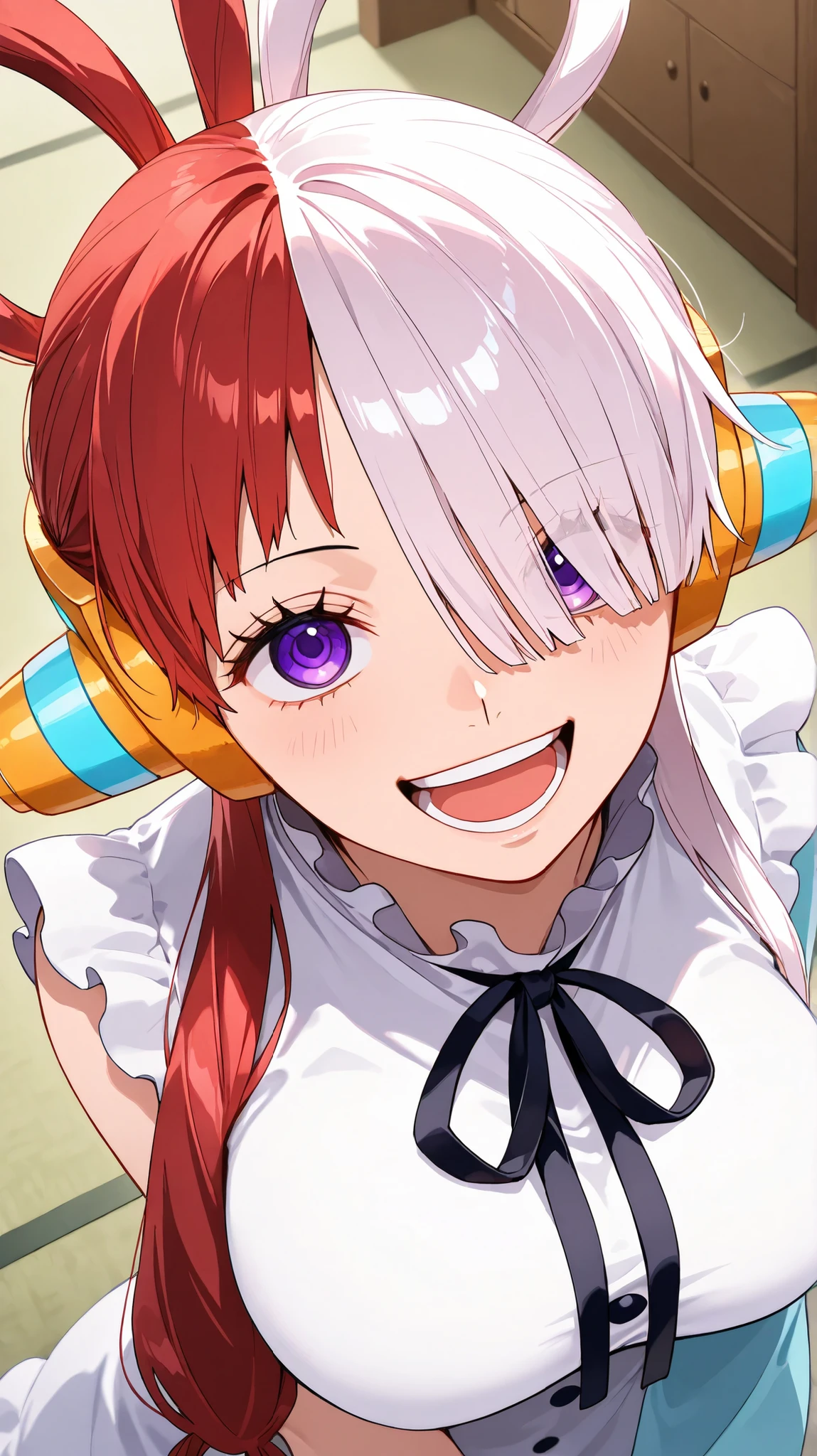 uta,one piece,
High quality , best quality , masterpiece, High Resolution , detailed face( LoRA: uta),anatomically correct, detailed hair Style( LoRA: uta),anime Coloring
solo, 1 girl,
headphones,multicolored hair,two-tone hair,white hair,split-color hair,hair rings,long hair,hair over one eye, purple eyes, ribbon,large breasts
white dress, frills, neck ribbon, single sleeve, long sleeve,
looking at viewer ,close up,upper body,from above
, Japanese-style room
, smile,open mouth