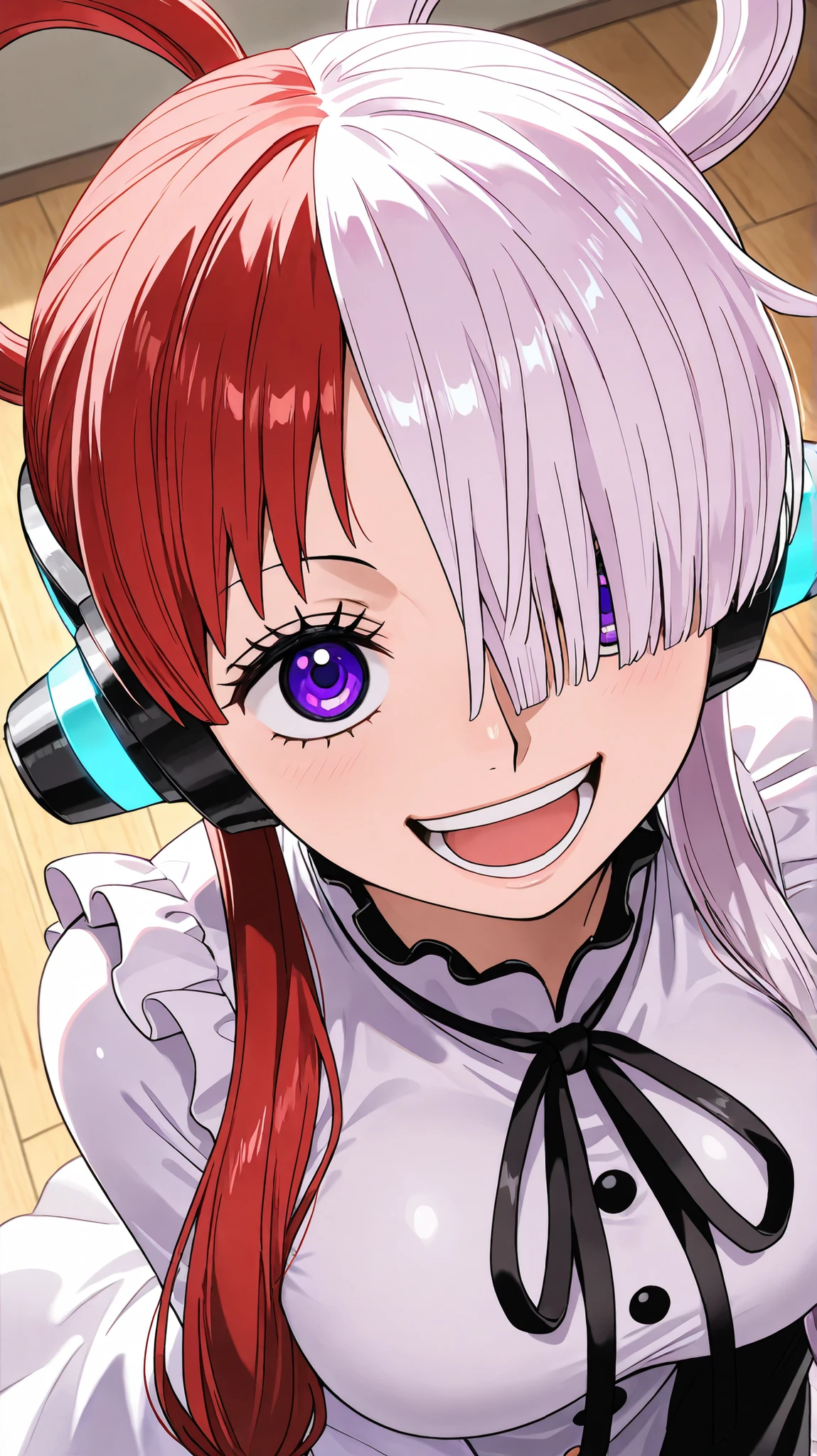 uta,one piece,
High quality , best quality , masterpiece, High Resolution , detailed face( LoRA: uta),anatomically correct, detailed hair Style( LoRA: uta),anime Coloring
solo, 1 girl,
headphones,multicolored hair,two-tone hair,white hair,split-color hair,hair rings,long hair,hair over one eye, purple eyes, ribbon,large breasts
white dress, frills, neck ribbon, single sleeve, long sleeve,
looking at viewer ,close up,upper body,from above
, Japanese-style room
, smile,open mouth