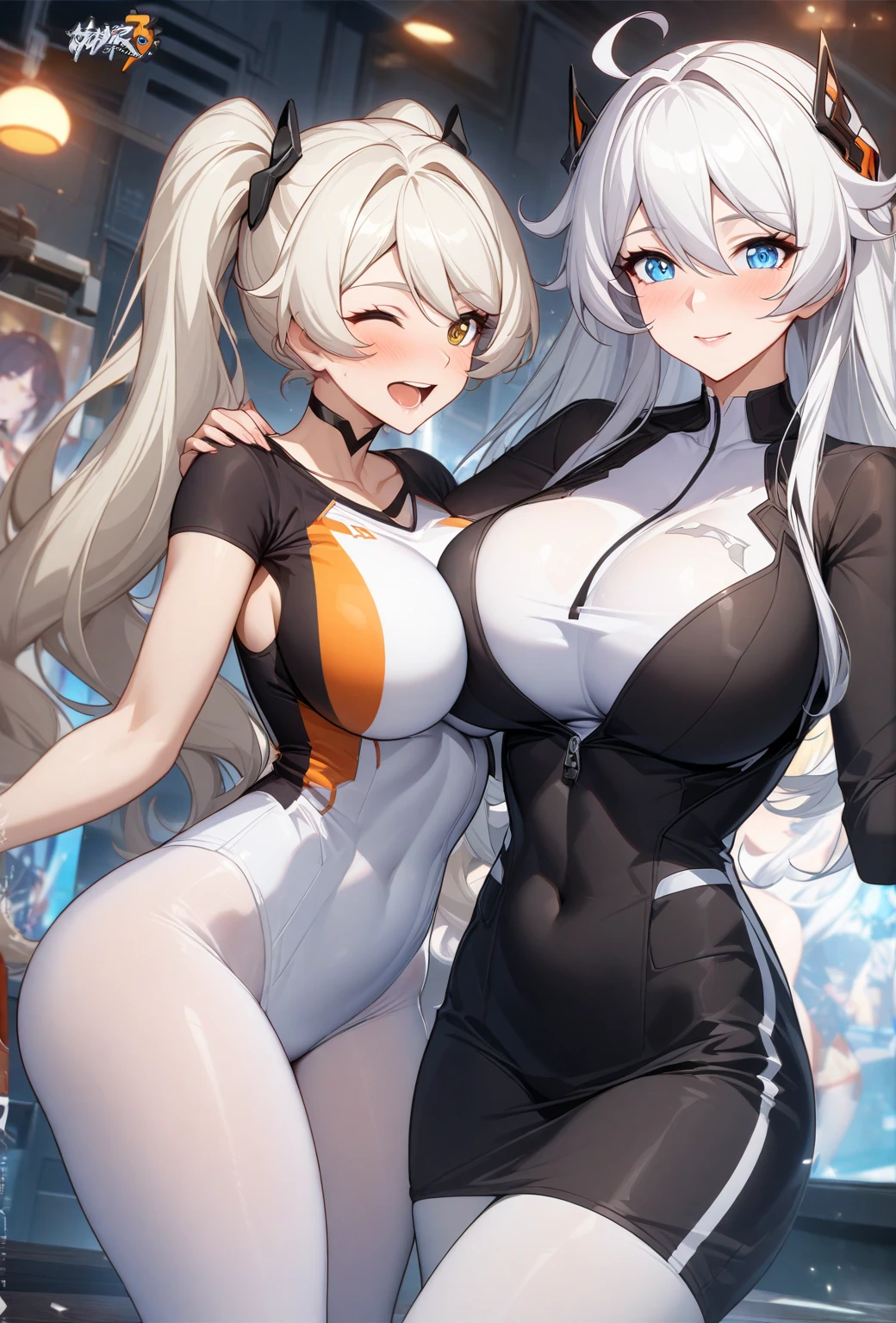 Kaguyalna, One person, Kaguya Luna, alone, Virtual YouTuber, one eye closeis, Open your mouth, Raise the hand, Knee socks, Twin tails, blue eyes, hair ornaments, sash, Cleavage, reis obi, No sleeve, Underarm, isress, smile, Clothing cutouts, reis Knee socks, Cleavage cutout, Hair Clip, View your viewers, black isress, bangs, Grey Hair, blush, ;is, heart, ribbon, No sleeve isress, , wrist ribbon, spoken heart, Black footwear, Character Name, teeth, bare shoulisers, stanising on one leg, stanising, Gray Hair, Lift your legs, white ribbon, boots, Long Hair、(Huge breasts:1.5)、Striped panties