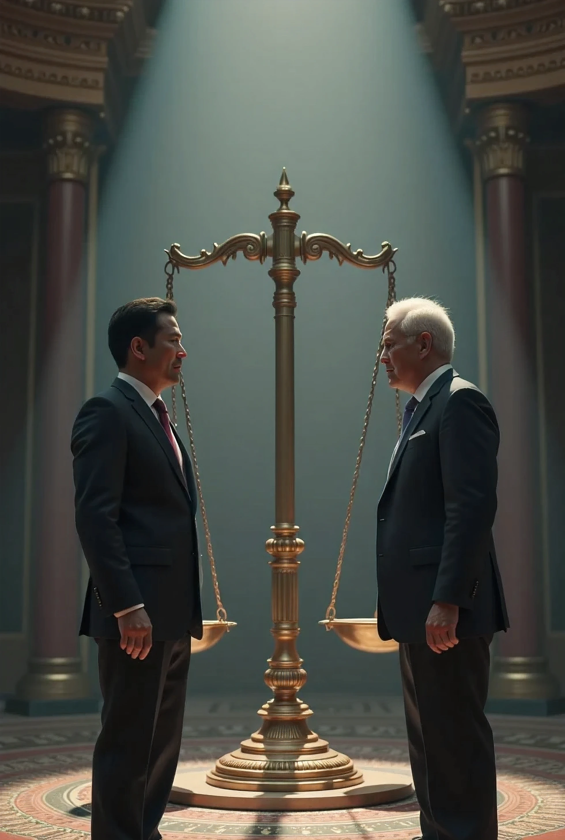A hyper-realistic scene showing two world leaders—visibly representing different countries, ONE ASIA one is white—engaged in a tense economic negotiation over a massive balancing scale.The lighting is dramatic, with sharp contrast and soft haze, symbolizing the delicate balance of global trade and tariffs.