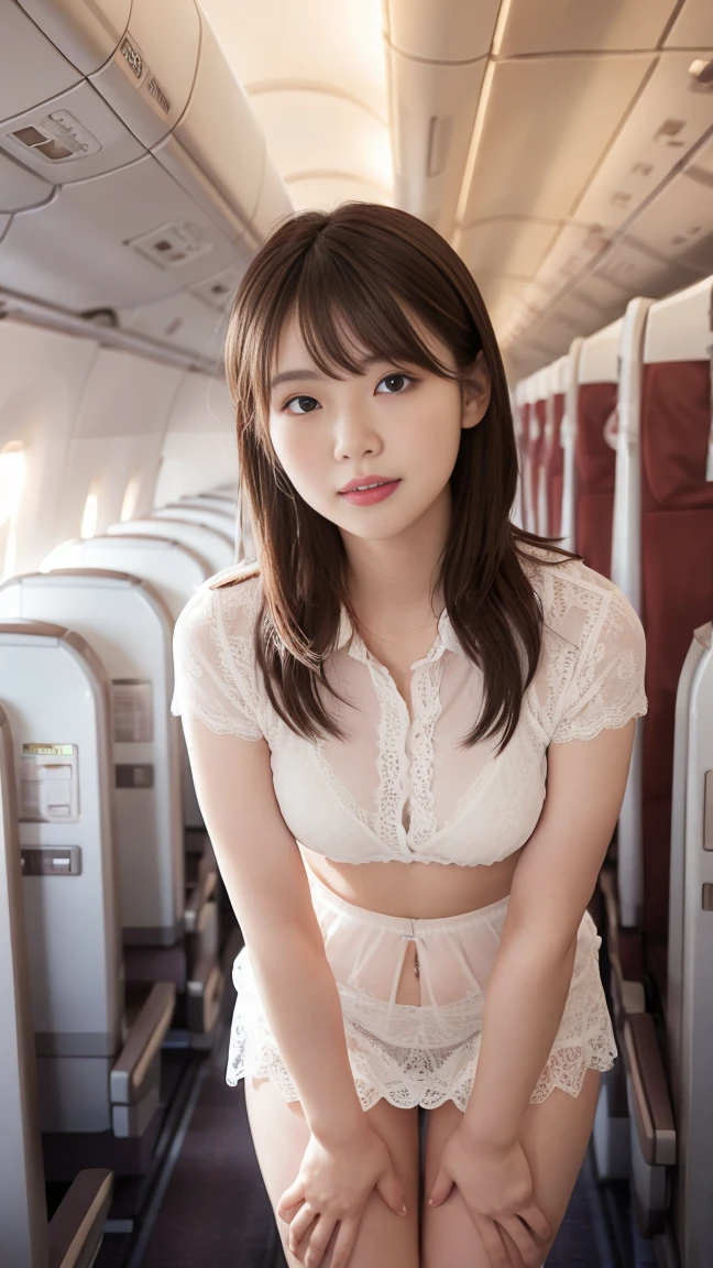 ((of the highest quality, 8K, masutepiece: 1.3, Raw photo)), Sharp Focus: 1.2, (1 AESPA Girl :1.1), Solo, (Realistic, Photorealistic: 1.37), (Face Focus: 1.1), Cute face, hyperdetailed face, (short messy hair: 1.2), Small Smile, Small breasts, flat chest, full nude, sitting, Thigh, (chiffon panties), airport, terminal