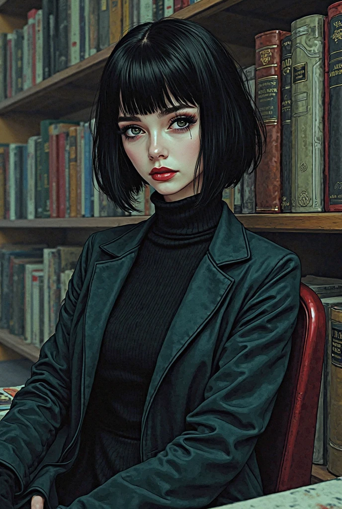 [comic book style] [thick lines] [GTA style drawing] [desenhado]  27-year-old female, short and dark hair,  black eyes,  cut asymmetrically , with straight fringe that covers part of the eyes. Pale skin and eye makeup with marked eyeliner and dark lipstick, contrasting with her always serene and distant expression. Her clothes mix elegant tailoring with theatrical elements: long coats, metallic fabrics and silver accessories, corpo todo, closed body with no neckline,  sitting in a library ,  reading a book, very large and heavy dark circles, Face of extreme tiredness