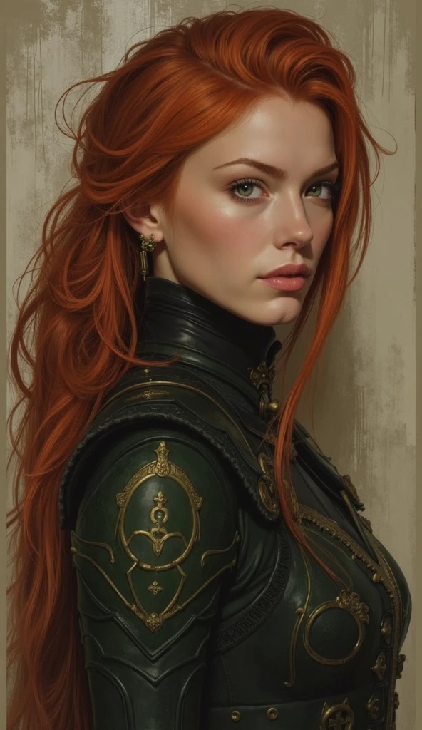
A realistic fantasy-style portrait of a powerful female warrior with long, fiery red hair flowing freely, pale skin, and intense green-gray eyes. She wears an elegant emerald green armor with intricate gold detailing, blending strength and nobility. Her expression is calm, strategic, and intelligent. She has a delicate gold earring on one ear, and her posture exudes confidence and leadership. The background is soft and neutral, emphasizing her presence and regal aura. Highly detailed, cinematic lighting, painterly style.

