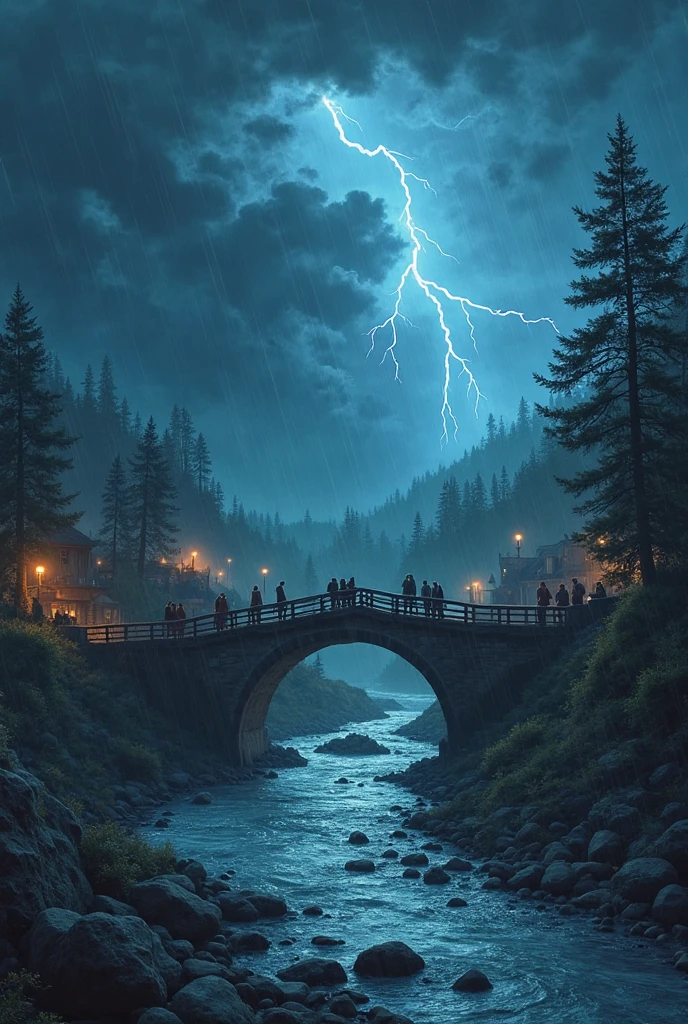 Scene 2: The Storm
Setting: That night, dark clouds gather. Wind whistles through the trees. Rain lashes down on rooftops.

Narrator:
One night, a terrible storm swept through the valley.
Lightning cracked, thunder roared, and the river that flowed through the town rose higher and higher.

Cut to morning—villagers gather at the broken bridge, staring in shock.

Villager:
"The bridge! It’s gone!"

Another Villager:
"And look—travelers are stuck on the other side!"