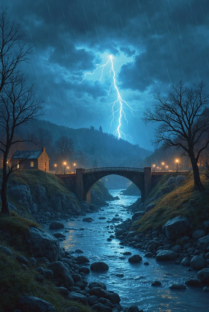 Scene 2: The Storm
Setting: That night, dark clouds gather. Wind whistles through the trees. Rain lashes down on rooftops.

Narrator:
One night, a terrible storm swept through the valley.
Lightning cracked, thunder roared, and the river that flowed through the town rose higher and higher.

Cut to morning—villagers gather at the broken bridge, staring in shock.

Villager:
"The bridge! It’s gone!"

Another Villager:
"And look—travelers are stuck on the other side!"