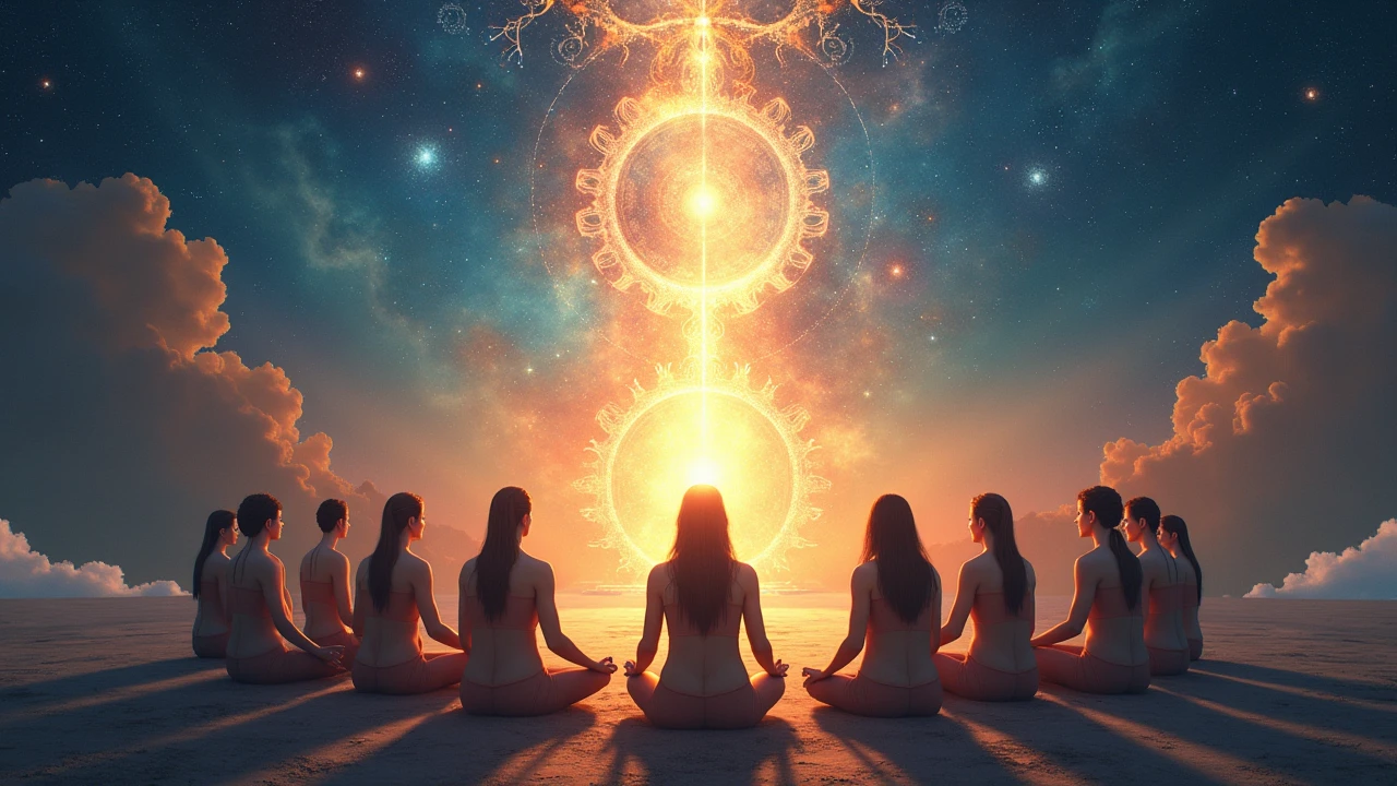 Scene: Symbolic images of the four aims of Hindu life - Dharma, Artha, Kama, Moksha.