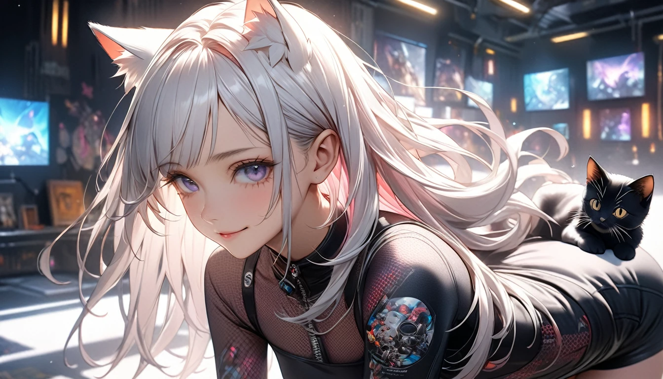 Imaginative、intricate illustration in cyberpunk hyperrealistic art style, A translucent white bust of short hair and (Black cat ears) Ether Machine Girl who came out of a large transparent culture tank, She is wearing beautiful clothes, , fluffy white hair growing ??????????? cat ears. Brush Blur Effect,( High Quality, high accuracy, 4K, 8k:1.5), Super Detail.Transcendental Technique Paintings,ultra-fine painting,Movie Lighting, sharp concentration,  bright colors, Pro shooting resolution, Award-winning 8k、super detail、最High Quality、Ultra High Resolution、

pretty beautiful girl with long hair、Girl's style（Body type）8 heads　is slender and has delicate, slender proportions like a model、Eyes are slender eyes（strong, beautiful eyes）。
 cute long haired girl,Slender, Skinny, Lean,delicate body、
猫耳ヘッドフォンを着用♪
髪の毛は長く幻想的な色合い、draw with warm light reflection in mind、Flying in the air。
wear high-class top and bottom set clothes with stylish patterns。　

I'm listening to music with my kitten at JAZZBAR where American motorcycles are displayed。
kittens are on the side、seems happy。
draw with warm light reflection in mind、


 motorbike 　low＆long custom American、long front、with thick rear tires、beautiful patterns drawn、