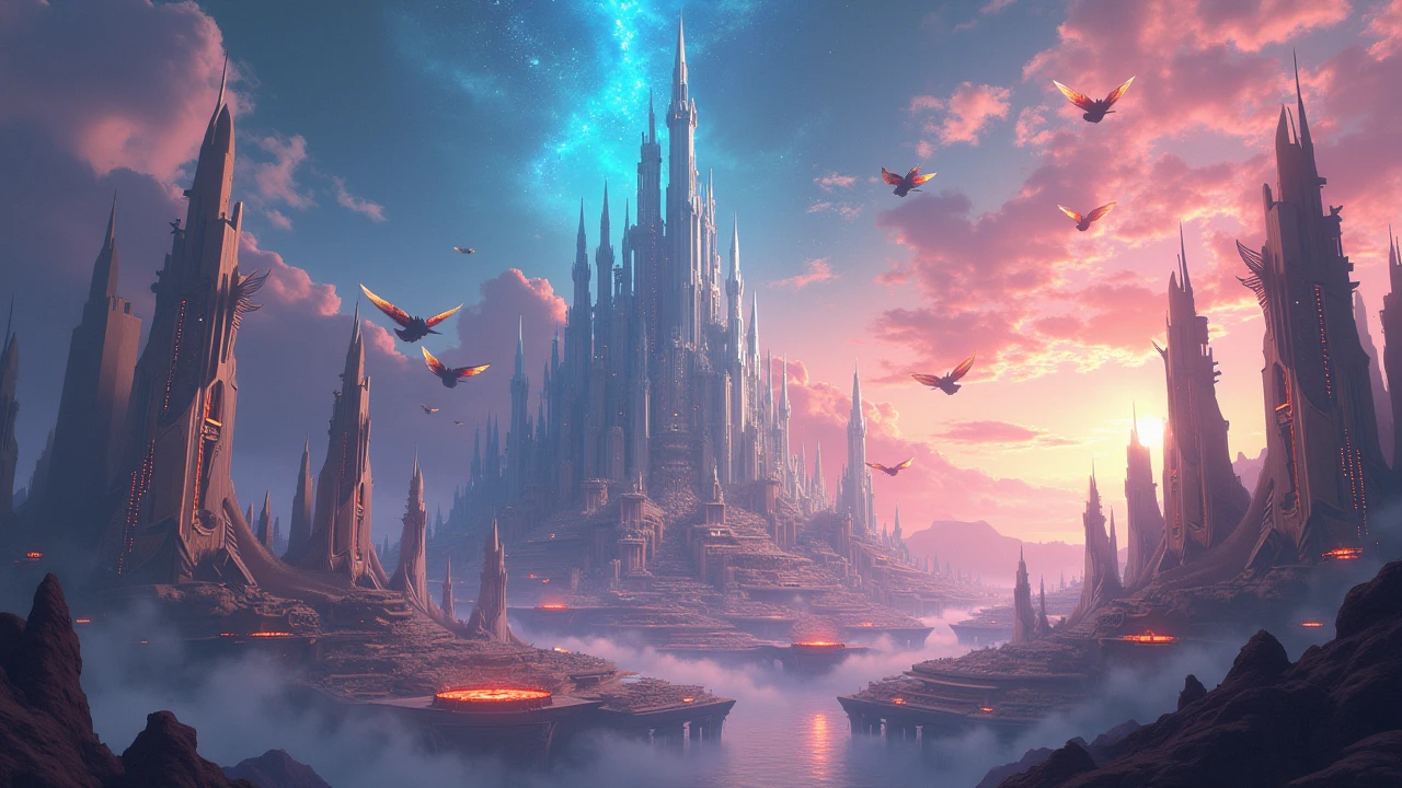 A futuristic divine city with tall mystical towers reaching into a vibrant cosmic sky, flocks of ethereal birds soaring through swirling colorful clouds, majestic and otherworldly fantasy atmosphere.