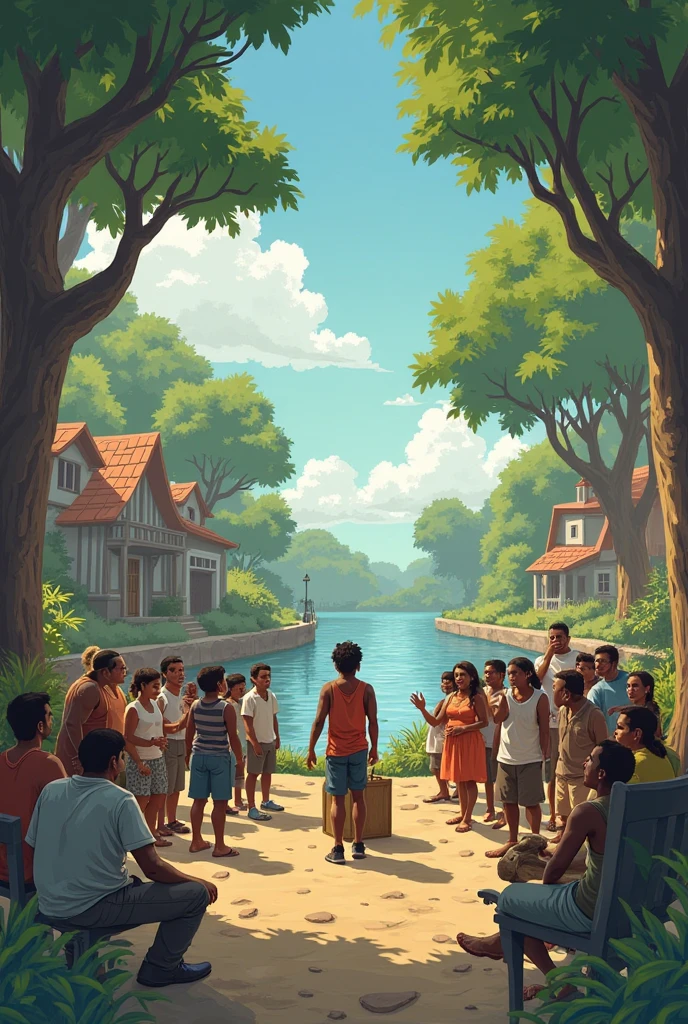 Scene 3: The Town Meeting
Setting: Town square. The mayor stands on a crate, villagers gather around, worried and whispering.
Mayor:
"The river is too dangerous to cross by boat. Fixing the bridge will take days.
We need ideas—now."
Villagers start shouting suggestions.
Villager 1:
"We can build a raft!"
Villager 2:
"Maybe signal someone in the next town!"
Zayan steps forward slowly, raising his hand.
Zayan:
"What if… we build a rope pulley system between the tall trees on both sides?
We could send supplies in a basket—and maybe even bring people across one by one.”
Silence. Everyone stares. The mayor leans closer.
Mayor:
“…A pulley system?”
Zayan (nodding):
“Yes! I’ve studied how they work. We just need strong ropes, pulleys, and teamwork.”