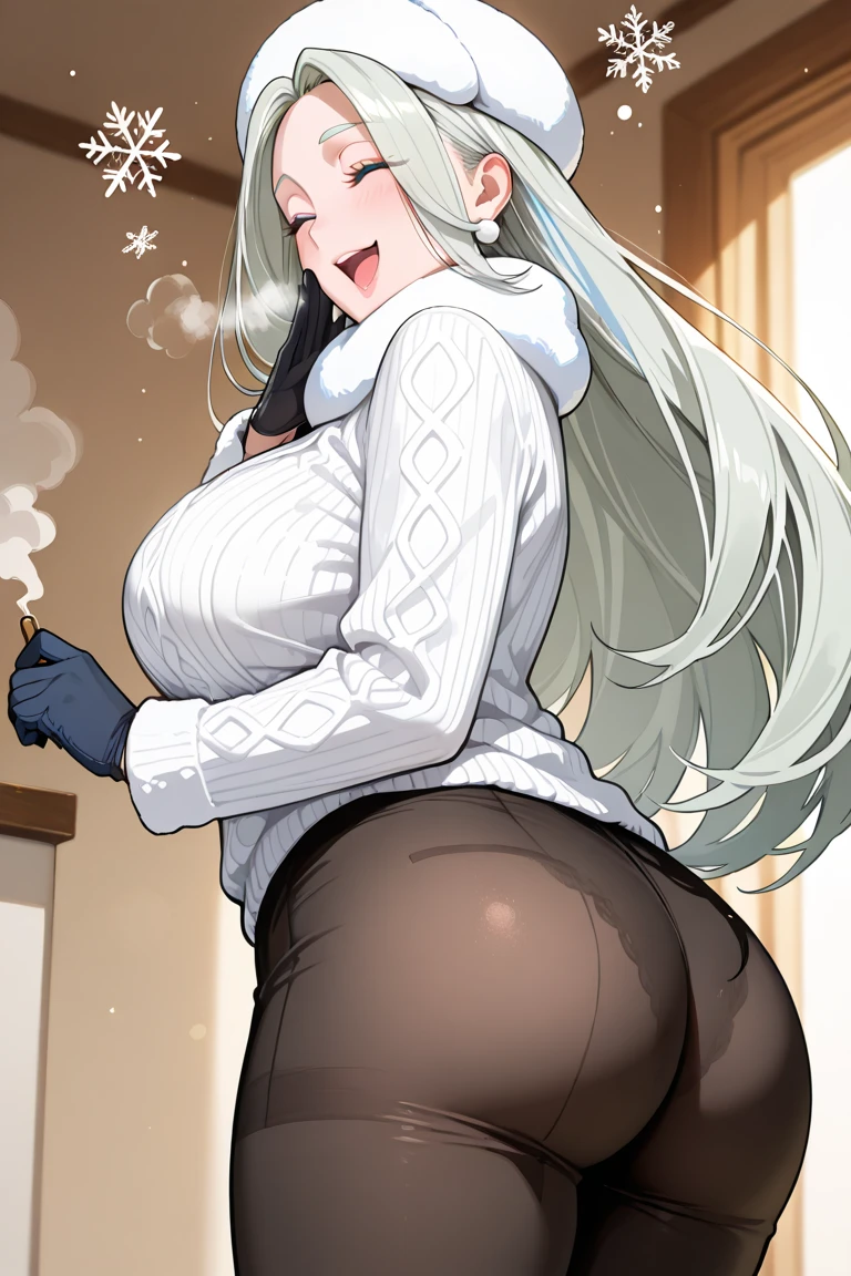 female anthro Snow leopard,Brown long fluffy hair, fluffy hair, squirrel ears, Snow leopard, (giant breasts:1.3), attractive, turtleneck sweater, turtleneck, thicc body, thicc, freckles, skirt, black skirt , garter belt tights, open your legs, squat, spread legs, spreading legs showing her ass, (thick thighs:1.5) sexy partial clothes, cowboy_shot ((((low angle view))))