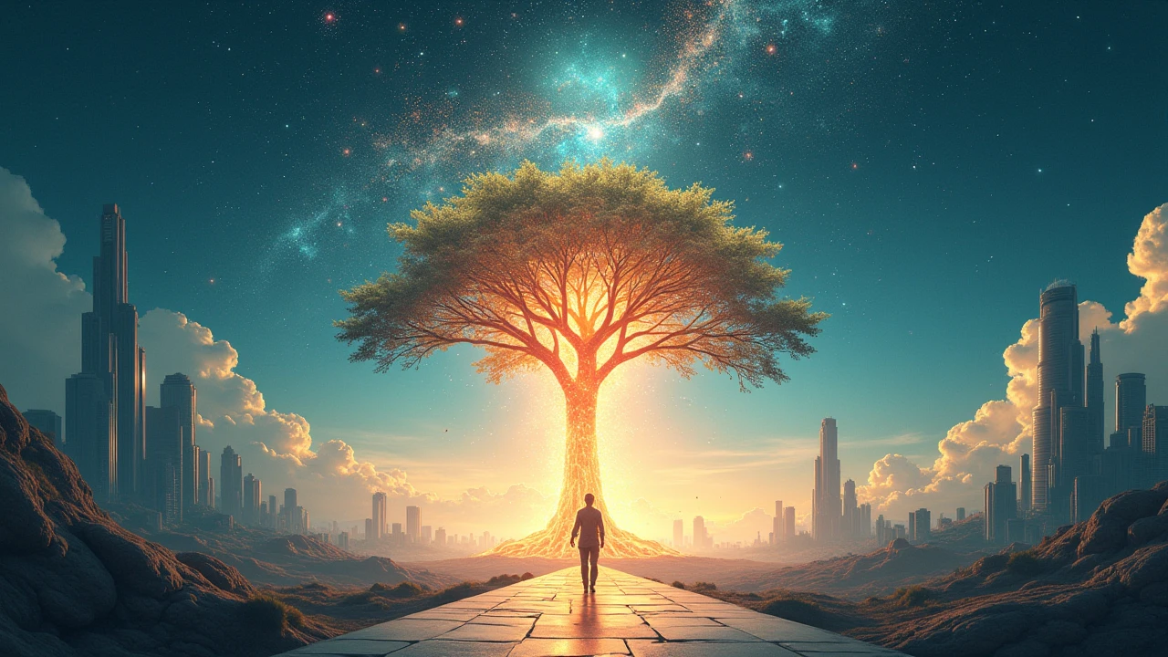 A person walking towards a radiant tree of light, surrounded by futuristic city elements, vibrant cosmic energy flowing like streams, abstract geometric shapes in the sky --ar 16:9