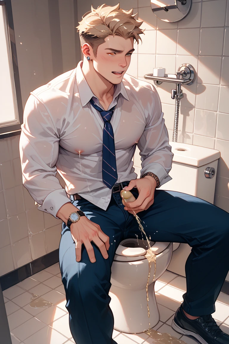 ultra-detailed, masterpiece, best quality, highres, extremely detailed, nsfw, (solo shoot:1.5), (1boy:1.5), man, (lean guy:1.5), short hair, work clothes, open shirt, bottomless, torn clothes, drunk, (restrained:1.5), shackles, handcuffs, bondage, (excessive cum on body:1.5), train interior