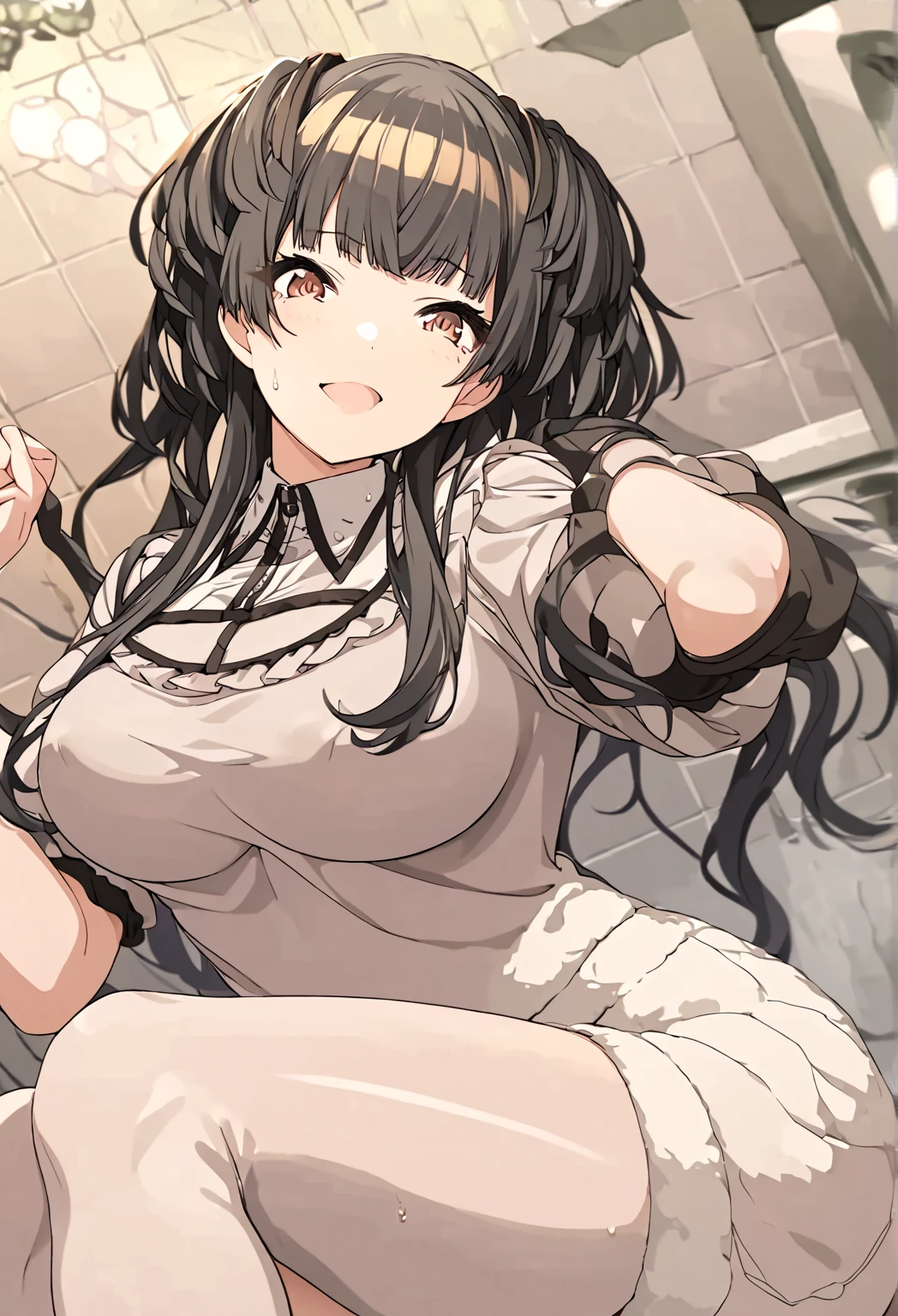 girl muscles large breasts pale skin very long hair black hair yellow eyes sad expressionless solo black night dress black night dress