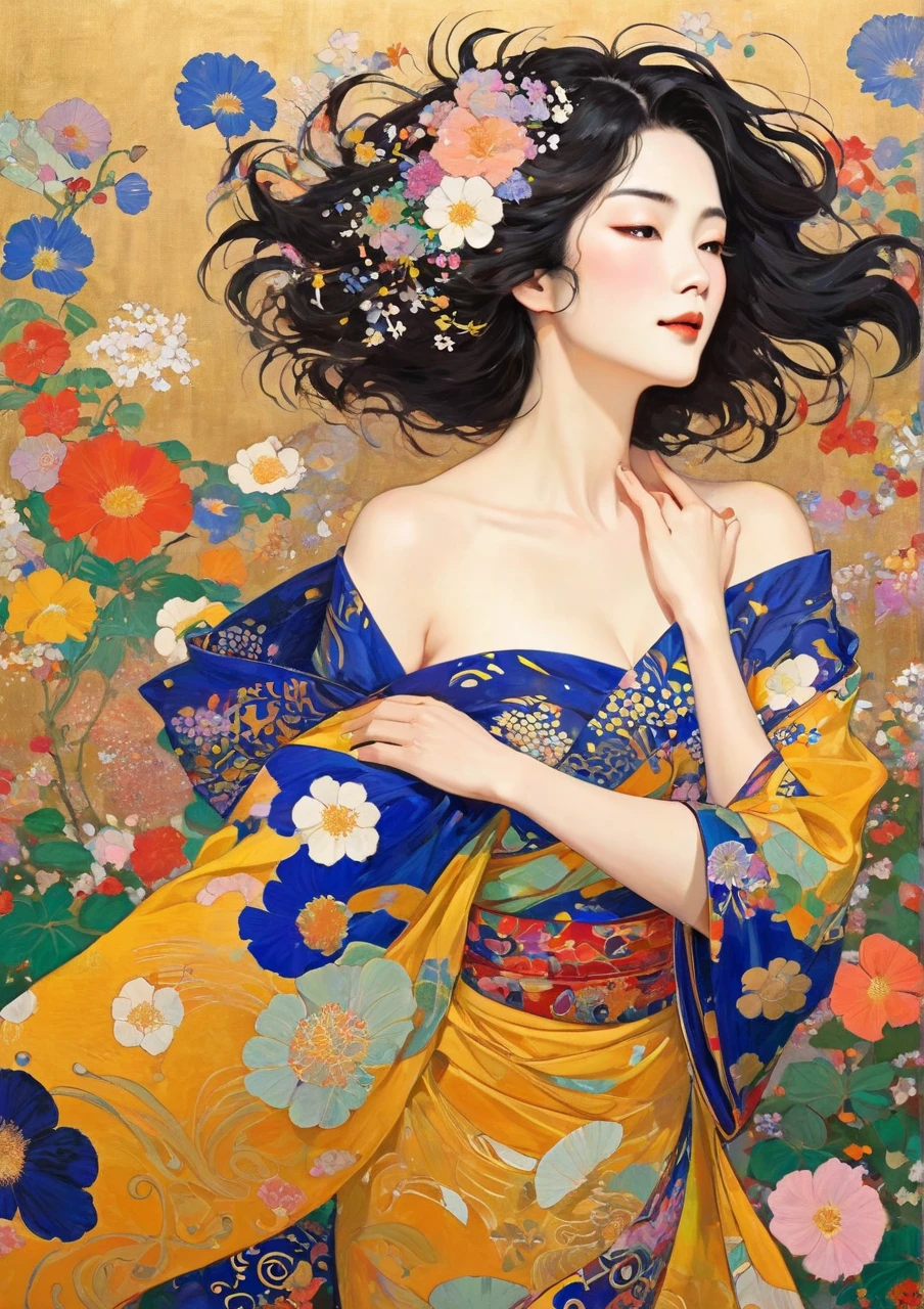 Masterpiece Paintings, Japanese middle-aged woman with Klimt pattern, flat art, Picture books, simple crayon drawing, abstract,  lots of flowers  , illustration , Masterpiece Japanese Painting, flat illustration ,  lots of flowers  , flat illustration の日本人中年女性, 44 years old, Off Shoulder, disheveled hair, Petals Dancing in the Wind, harf-open-eyes, ????,