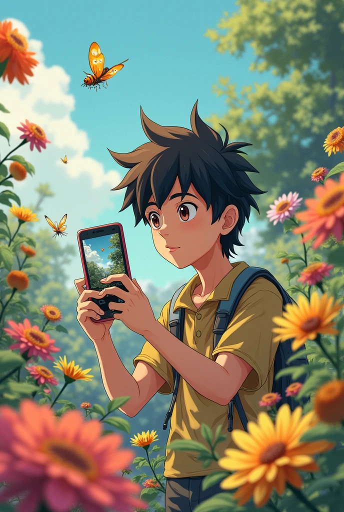 An anime boy with a French-cut beard taking pictures of insects in nature with a cell phone.and there are a lot of multicolored flowers around him