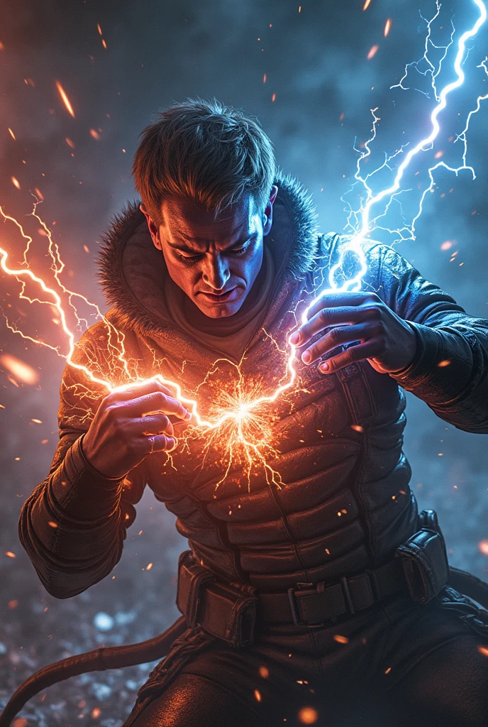 Fulminant charge The hero's vision is filled with electric flashes as he holds his enemy by the neck. His hands vibrate with the intensity of the overwhelming power, , generating a glow that illuminates the scene. You can only see the reflections of the attack, hiding the opponent's face in shadows.