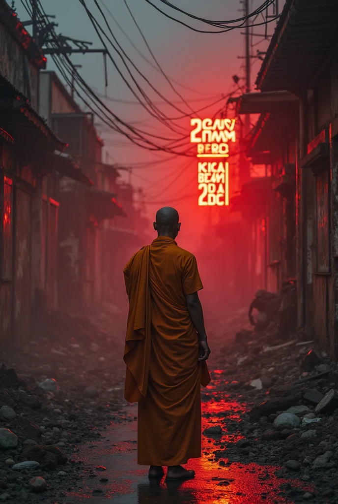 Thai priest in the middle of the city after the war. Background highlights black red light. The priest stands facing the back writing Chicka boom 2DC.