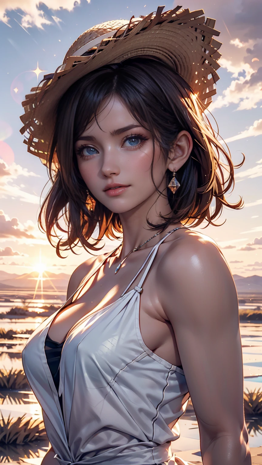 1 girl, masterpiece, very detailed, ( Beautiful Detailed Sparkle), lens flare, white hair, short hair, Floating Hair, look back, Behind the back, smile, blue eyes, white dress, medium breasts, upper body, wide shot from the side of the con, straw hat, ((Salar de Uyuni)), Sunrise, cloud, backlight, Purple Sky, Yellow Sky, gradient sky,  Hands on a Hat 
