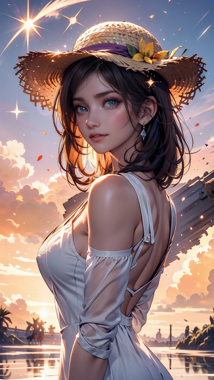 1 girl, masterpiece, very detailed, ( Beautiful Detailed Sparkle), lens flare, white hair, short hair, Floating Hair, look back, Behind the back, smile, blue eyes, white dress, medium breasts, upper body, wide shot from the side of the con, straw hat, ((Salar de Uyuni)), Sunrise, cloud, backlight, Purple Sky, Yellow Sky, gradient sky,  Hands on a Hat 