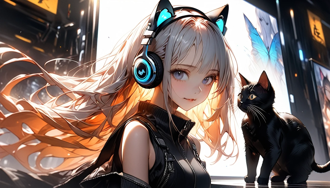 Imaginative、intricate illustration in cyberpunk hyperrealistic art style, girl with long hair,Slender, Skinny, Lean,delicate body、
Wearing cat ear headphones (Black cat ears) Ether Machine Girl who came out of a large transparent culture tank, She is wearing beautiful clothes, , fluffy white hair growing ??????????? cat ears. Brush Blur Effect,( High Quality, high accuracy, 4K, 8k:1.5), Super Detail.Transcendental Technique Paintings,ultra-fine painting,Movie Lighting, sharp concentration,  bright colors, Pro shooting resolution, Award-winning 8k、super detail、最High Quality、Ultra High Resolution、

pretty beautiful girl with long hair、Girl's style（Body type）8 heads　is slender and has delicate, slender proportions like a model、Eyes are slender eyes（strong, beautiful eyes）。
可愛いgirl with long hair,Slender, Skinny, Lean,delicate body、
Wearing cat ear headphones♪
髪の毛は長く幻想的な色合い、draw with warm light reflection in mind、Flying in the air。
wear high-class top and bottom set clothes with stylish patterns。　

I'm listening to music with my kitten at JAZZBAR where American motorcycles are displayed。
kittens are on the side、seems happy。
draw with warm light reflection in mind、


 motorbike 　low＆long custom American、long front、with thick rear tires、beautiful patterns drawn、