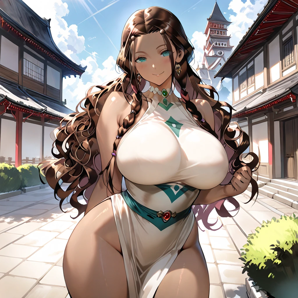 ((Giant saggy tits)),((caderas anchas)),((Chica blanca)),((Long brown hair with braids)),((brown eyes)),((thicc thights)),((gafas)),Thicc MILF,((Ropa de diosa japonesa)),((full body))