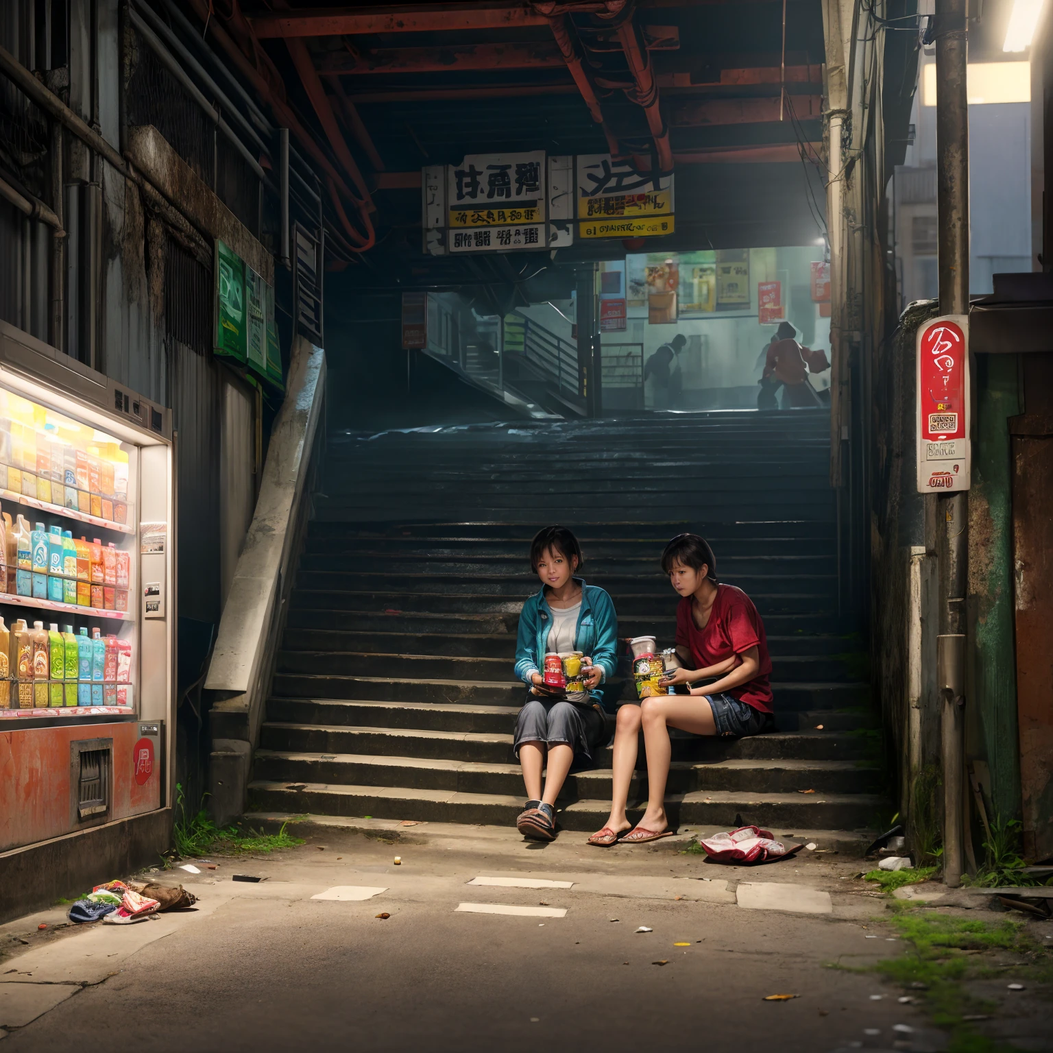 (( masterpiece 、 top quality 、 Official Art 、 Unity 8  ｋ wallpaper))、 (((workers on the way home from work、Poor girl 、Detailed Faces、smile)))、( Unsanitary Poverty Alley、  poor environment、Dim Shopping Mall、dirty立ち飲み居酒屋:1.3、People Eating and Drinking、On-the-road sales、 rusty vending machine、 Showa Retro:1.2)、(dirty、Bulky trash、Stairs to the basement、Mysterious Underpass )
