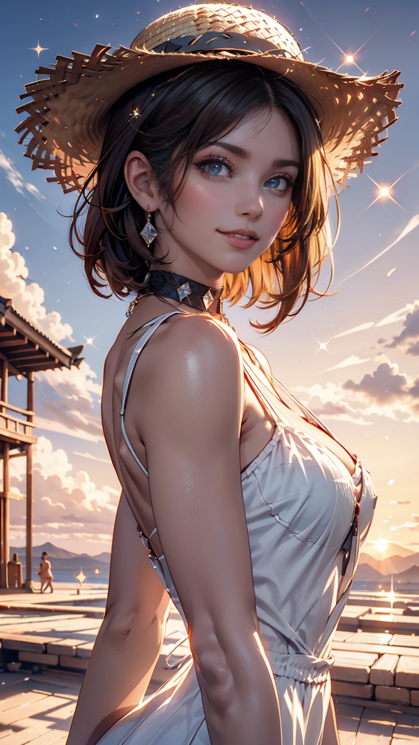 One girl, masterpiece, Very detailed, (Beautiful sparkle), Lens flare, Silver Hair, short hair, Floating Hair, Recall, Behind the back, smile, blue eyes, White Dress, Medium chest, Upper Body, Wide Shot, Straw hat, ((Cornfields to the horizon)), sunrise, cloud, Backlight, Purple Sky, Yellow Sky, Gradient Sky, put your hand on the hat