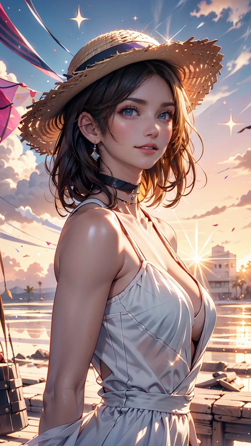 1 girl, masterpiece, very detailed, ( Beautiful Detailed Sparkle), lens flare, white hair, short hair, Floating Hair, look back, Behind the back, smile, blue eyes, white dress, ??????????????, upper body, wide shot from the side of the con, straw hat, ((Salar de Uyuni)), Sunrise, cloud, backlight, Purple Sky, Yellow Sky, gradient sky,  Hands on a Hat 、CHOKER