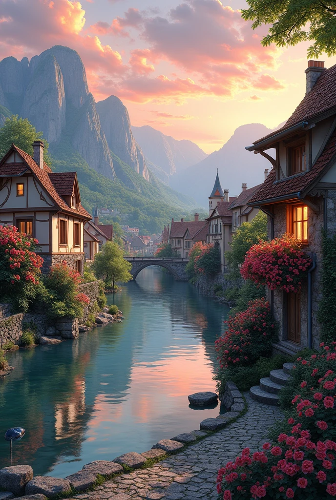 a small village by the river, mountains in the background, floral flowers colorful, detailed landscape, Beautiful natural landscapes, atmospheric lighting, scorching sunset, warm colours, practical, photopractical, Detailed Foliage, complex buildings, cobblestone street, Charming country house, swirly vibrant colors, lush vegetation, Still water reflections, Picturesque, idyllic, work of art, best qualityer, 8k, extremely detaild,anime styling