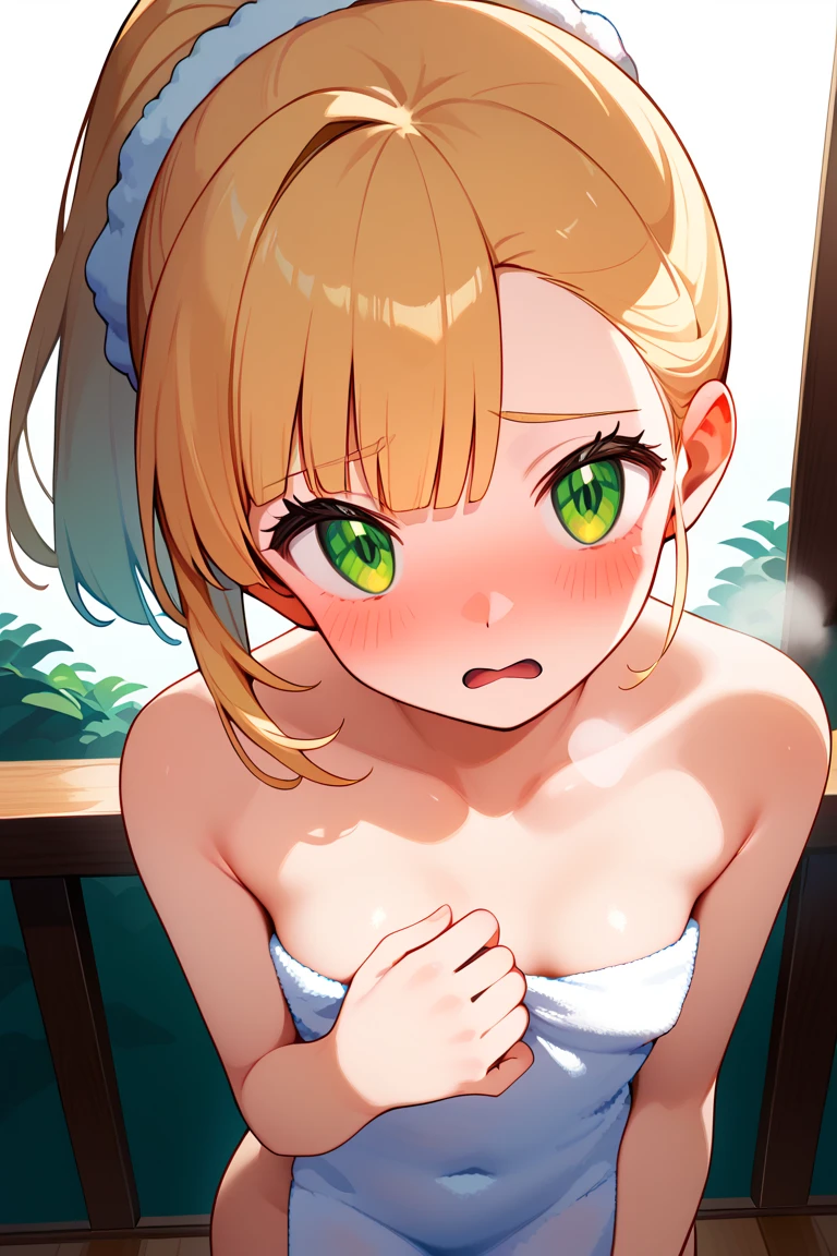 masterpiece,best quality, ultra-detailed,1girl(sakurai momoka, lovely small breasts, naked body, wavy hair,blonde hair, headband, pink flower in hair,green eyes, half-closed eyes), a come-hither face, parted lips, nose blush, blush, facing viewer , looking at viewer, solo, see-through nightgown, in the bedroom, night time, standing, come-on, lure, top view