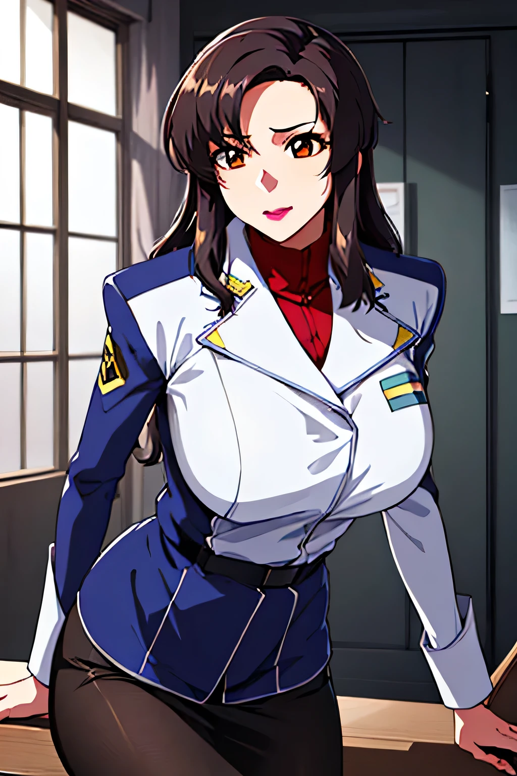 Breasts hidden in a uniform,Bare legs,fishnet tights,faceの表情は作品に非常に重要なのでもっと繊細に描いて下さい,The skin on the jacket is hidden by the uniform,That's enough for me,Very important at work is in a dynamic pose, faceは作品に必要なのでトリミングしないでください,The work is wonderful、Being able to be alone, simple background , Please draw is big breasts even is bigger breasts,巨乳でも waist が細い,
Military uniform, Military, jacket, blue and white uniform ,draw a shorter micro skirt, my whole body, Dynamic Poses for ,
(black_ fishnet tights :1.3),
前hair,茶color_hair, length_hair,red eye,lipstick,Compensate,
1 girl, 40歳大人のcolor気のある女性,, Wakai woman ,beautiful Finger,beautiful length legs,beautiful body,beautiful Nose,beautiful character design, perfect eye, perfect face,expressive eye, perfect balance ,
,(Focus on her face), Please draw it , (innocent_is big_eye:1.0),light_笑face,
Official Art, very detailedCG 、 Unity 8K Wallpaper , Full light,colorful, bright _Front _face_lighting, white skin,
(masterpiece:1.0),(Highest_quality:1.0), ,4K,very detailed,
photo shoot, 8k, High image quality, High image quality, absurd:1.2, Kodak Portra 400 , film grain , sunlight on blurry background, Bokeh:1.2, lens flare , ( lively_color:1.2), プロの photo shoot ,
(beautiful,huge_chest for men:1.4), (beautiful_face:1.5),(Narrow _ waist ),